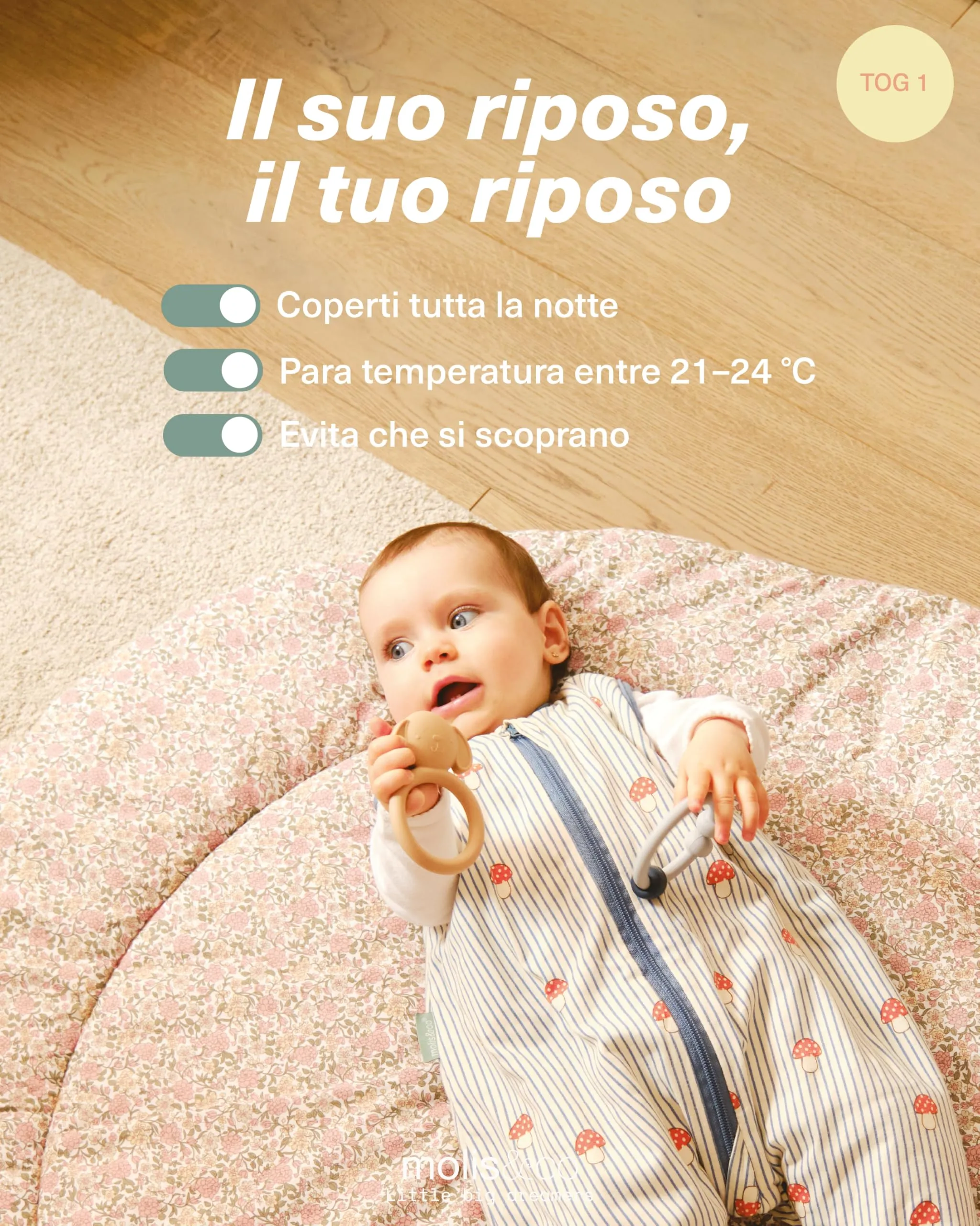 molis & co Sacco Nanna con piedini 1 tog, 100% Cotone Oeko-TEX 100, Mushrooms, 6 anni - immagine 5