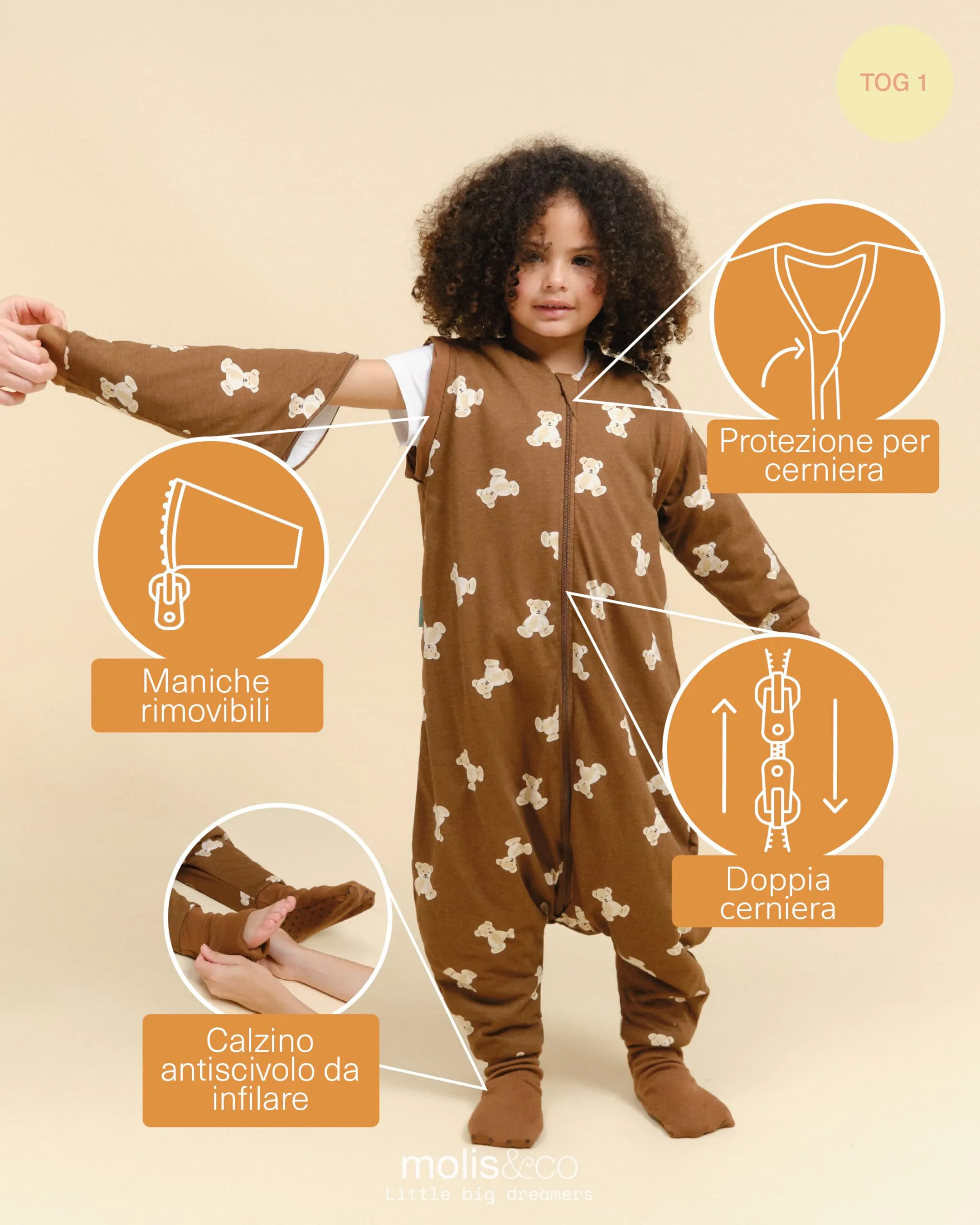 molis&co Sacco Nanna con piedini, maniche staccabili e calzini, 100% Cotone Oeko-Tex, Leggermente Imbotito, Teddy Mocca (3-6 mesi) - immagine 3