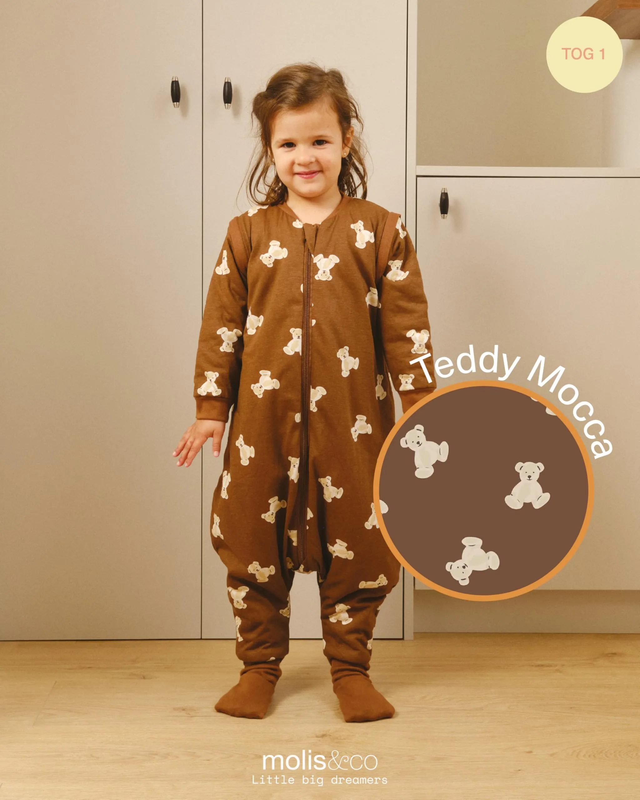 molis&co Sacco Nanna con piedini, maniche staccabili e calzini, 100% Cotone Oeko-Tex, Leggermente Imbotito, Teddy Mocca (3-6 mesi) - immagine 4