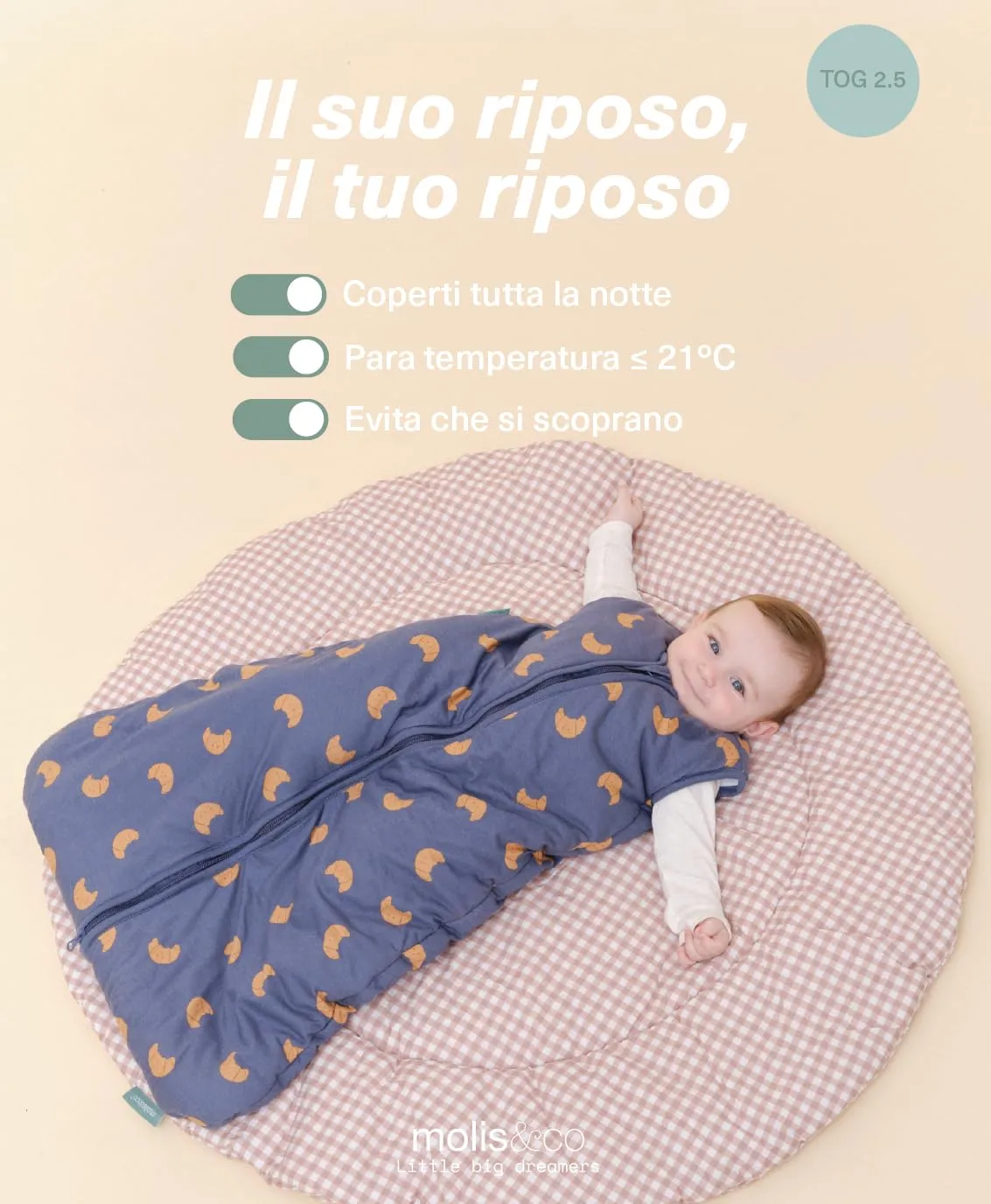 molis & co Sacco Nanna Invernale per Neonati e Bambini 2.5 TOG, 100% Cotone Oeko-TEX 100, Croissants (0-6 mesi) - immagine 5