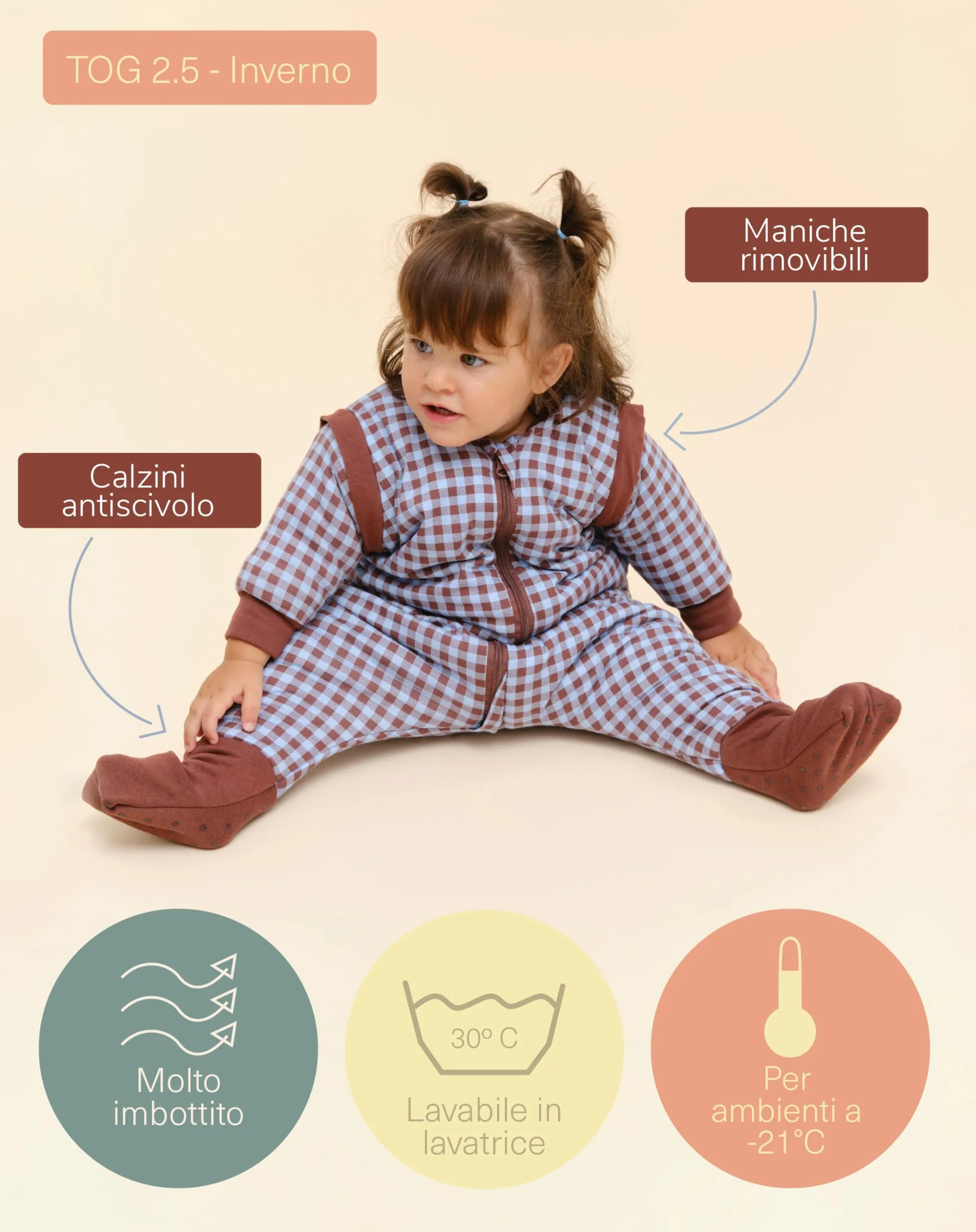 molis & co Sacco Nanna con piedini, maniche staccabili e calzini, 2.5 TOG, 100% Cotone Oeko-TEX 100, Vichy Brown & Blue, 1 anno - immagine 4
