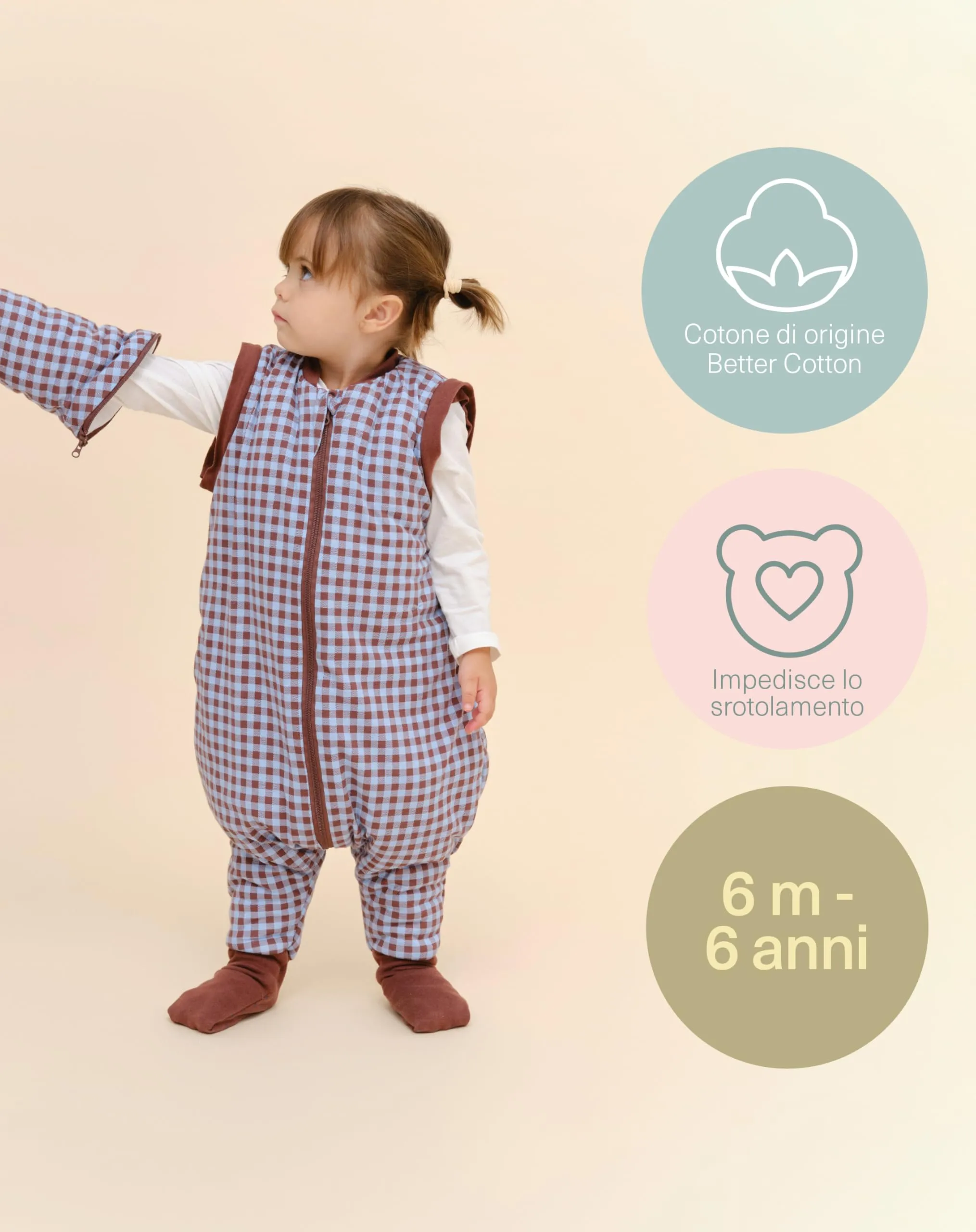 molis & co Sacco Nanna con piedini, maniche staccabili e calzini, 2.5 TOG, 100% Cotone Oeko-TEX 100, Vichy Brown & Blue, 1 anno - immagine 5