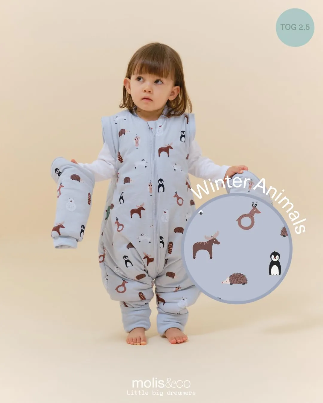molis&co Sacco Nanna con piedini, maniche staccabili e calzini, 2.5 TOG, 100% Cotone (Winter Animals, 3 anni) - immagine 4