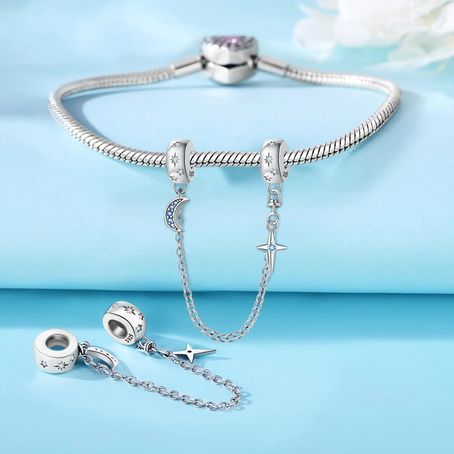 CYMYSS Charm in Argento 925 con Ciondoli, Bead, Clip Stopper e Catena di Sicurezza per Bracciali e Collane Europei - immagine 3