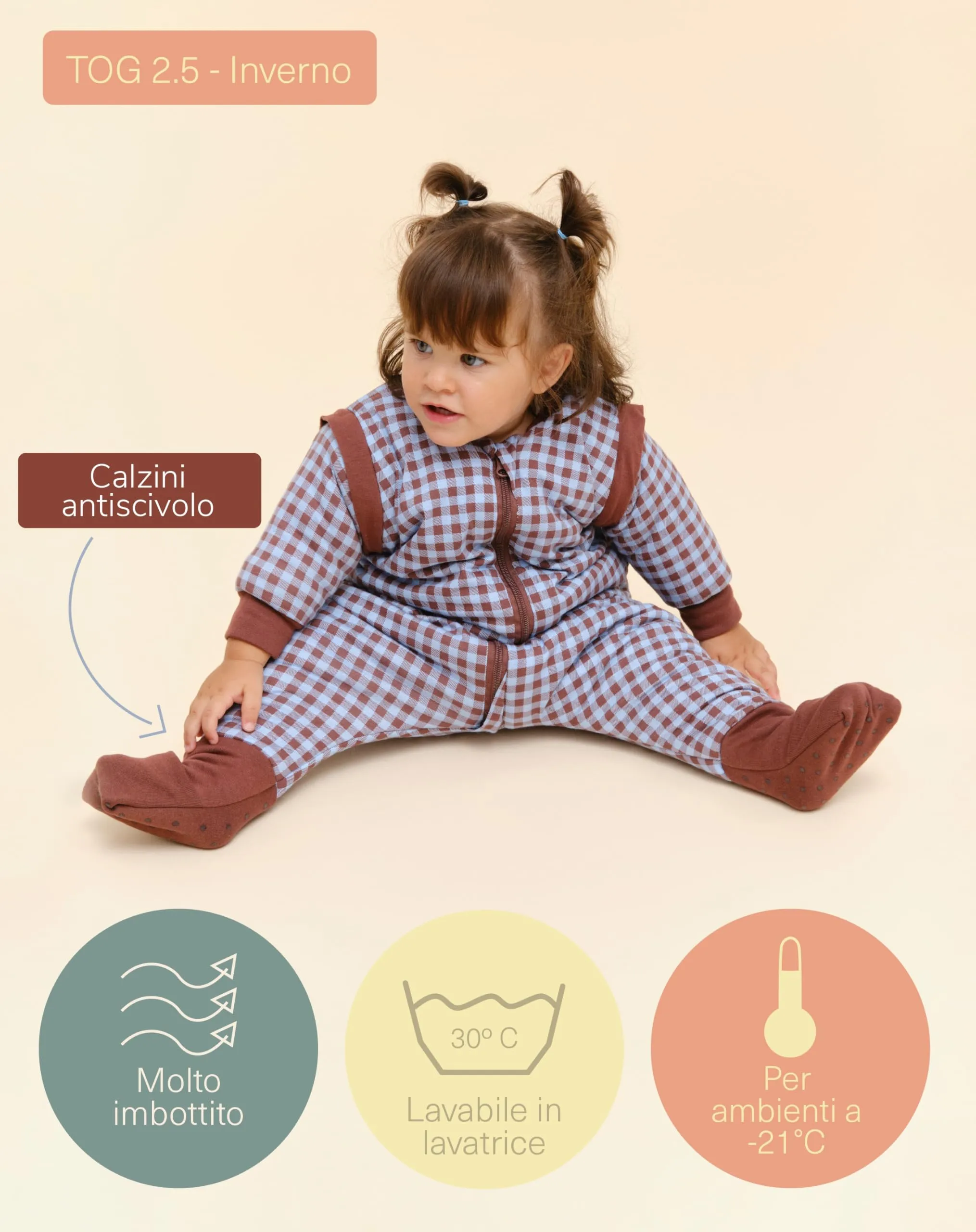 molis & co Sacco Nanna con piedini, maniche staccabili e calzini, 2.5 TOG, 100% Cotone Oeko-TEX 100, Vichy Brown & Blue, 6 mesi - immagine 4