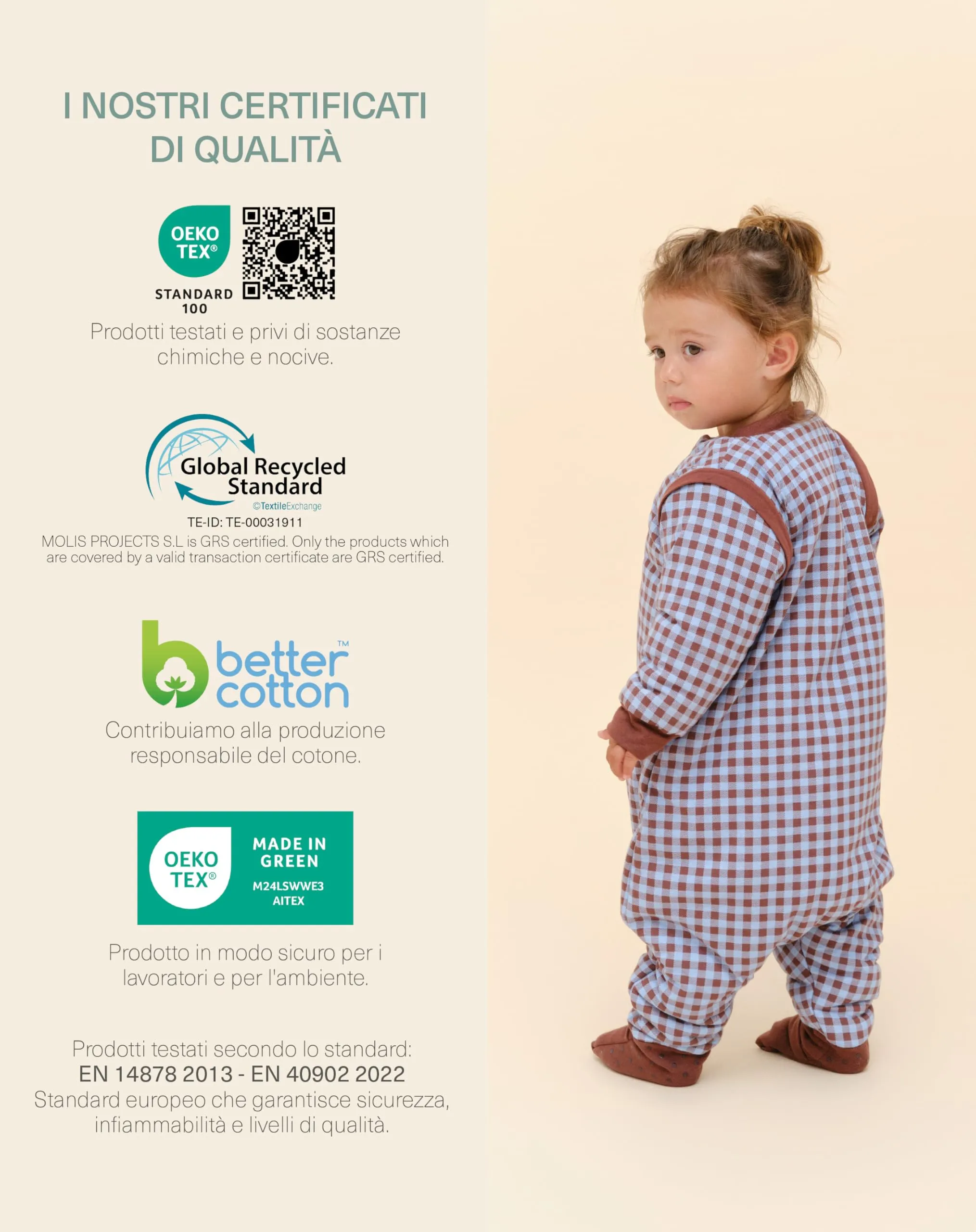molis & co Sacco Nanna con piedini, maniche staccabili e calzini, 2.5 TOG, 100% Cotone Oeko-TEX 100, Vichy Brown & Blue, 6 mesi - immagine 6