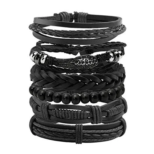 Manfnee Bracciali Intrecciati in Pelle PU Punk Gotici, Nero, Regolabili, Set da 6 Pezzi - immagine 1