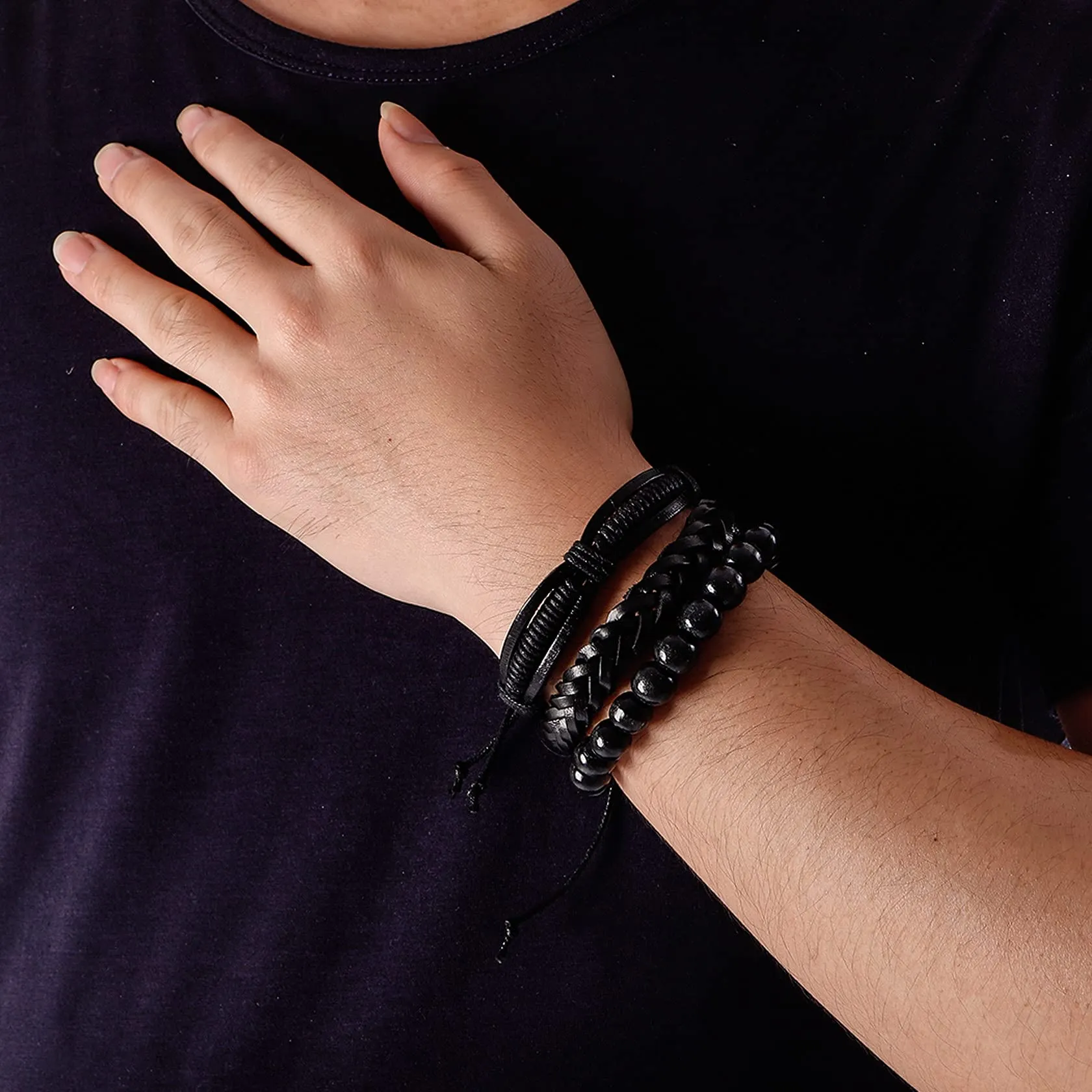 Manfnee Bracciali Intrecciati in Pelle PU Punk Gotici, Nero, Regolabili, Set da 6 Pezzi - immagine 5