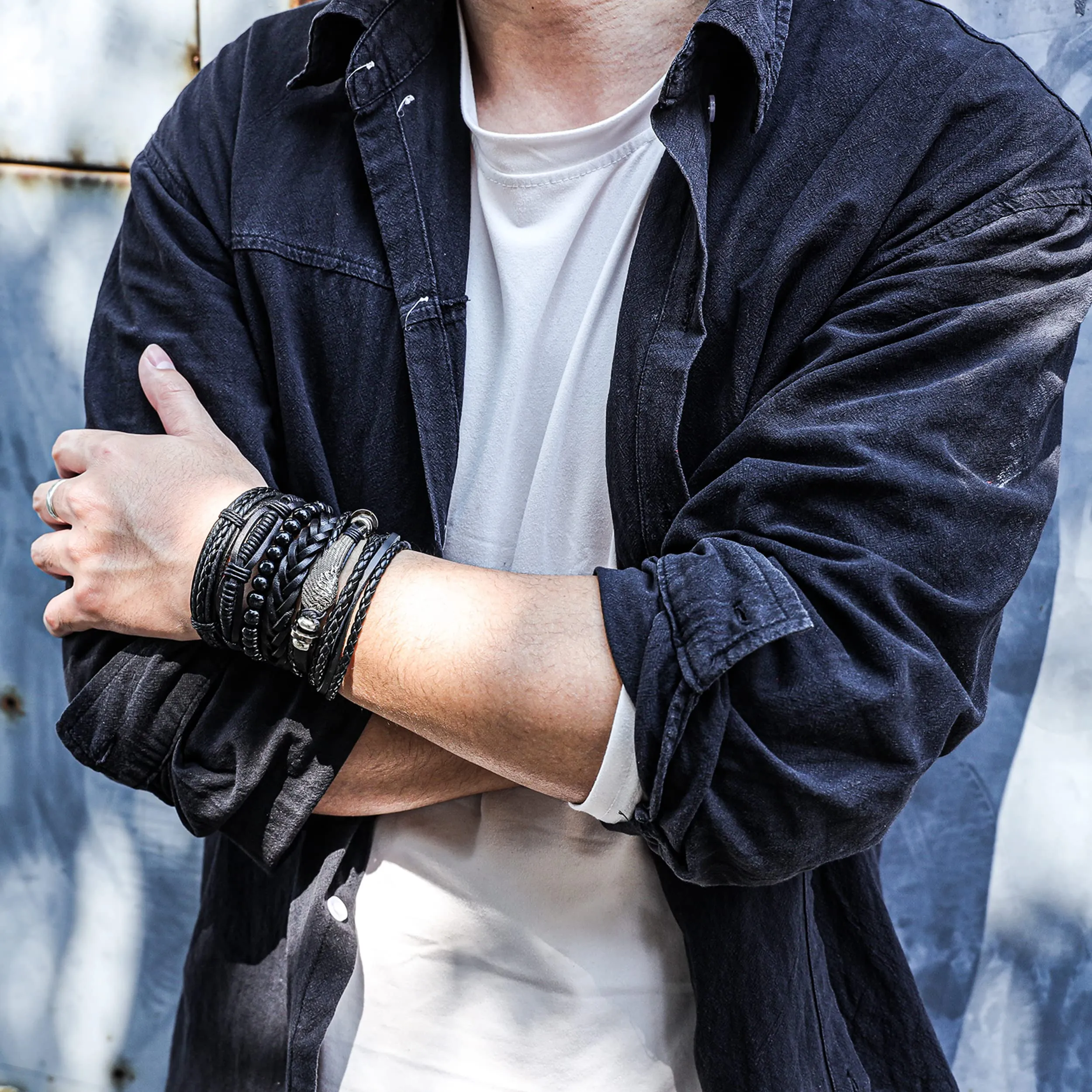 Manfnee Bracciali Intrecciati in Pelle PU Punk Gotici, Nero, Regolabili, Set da 6 Pezzi - immagine 6