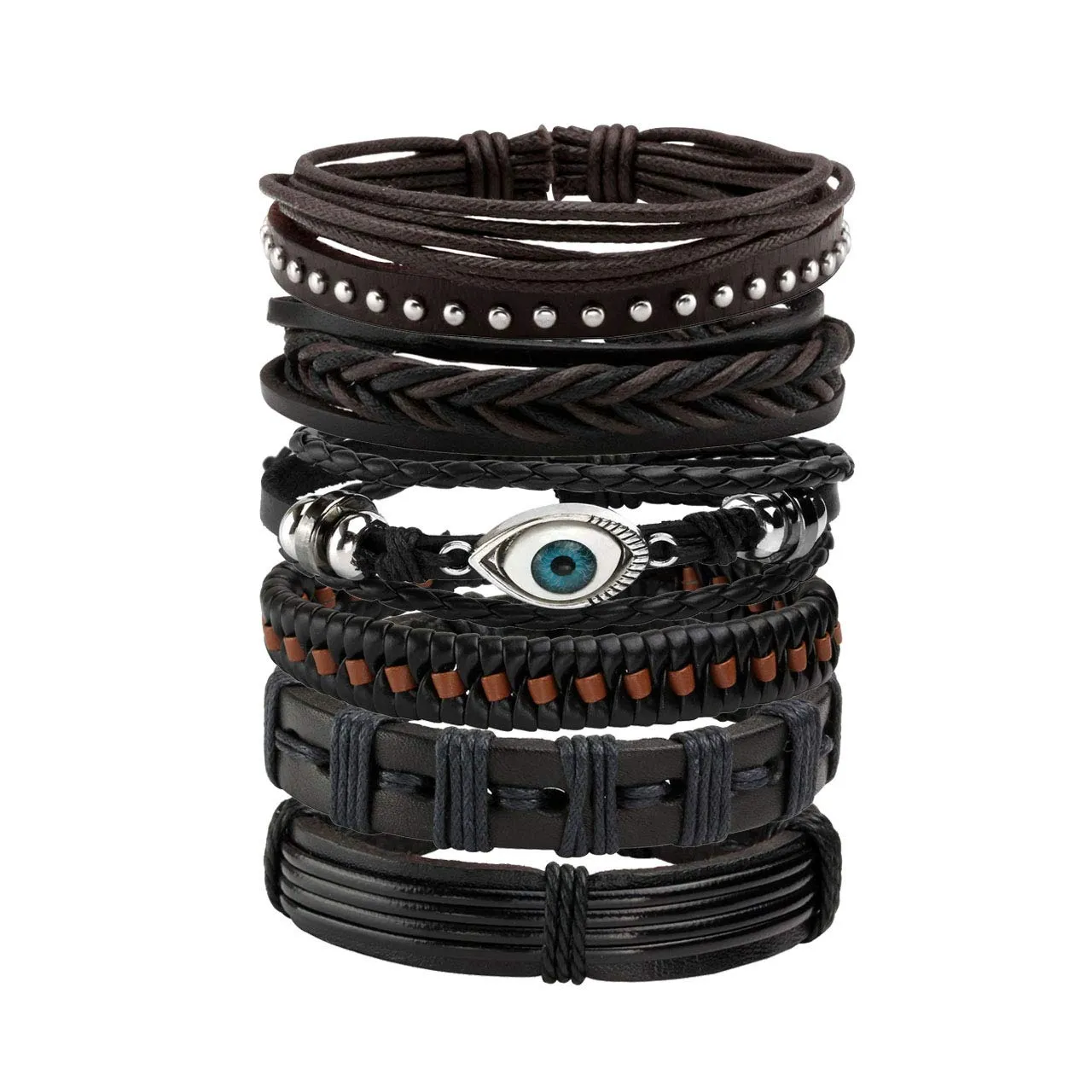 Manfnee Bracciale Intrecciato in Pelle PU Nero, Stile Punk Vintage Gotico, Regolabile, Set da 6 Pezzi - immagine 1