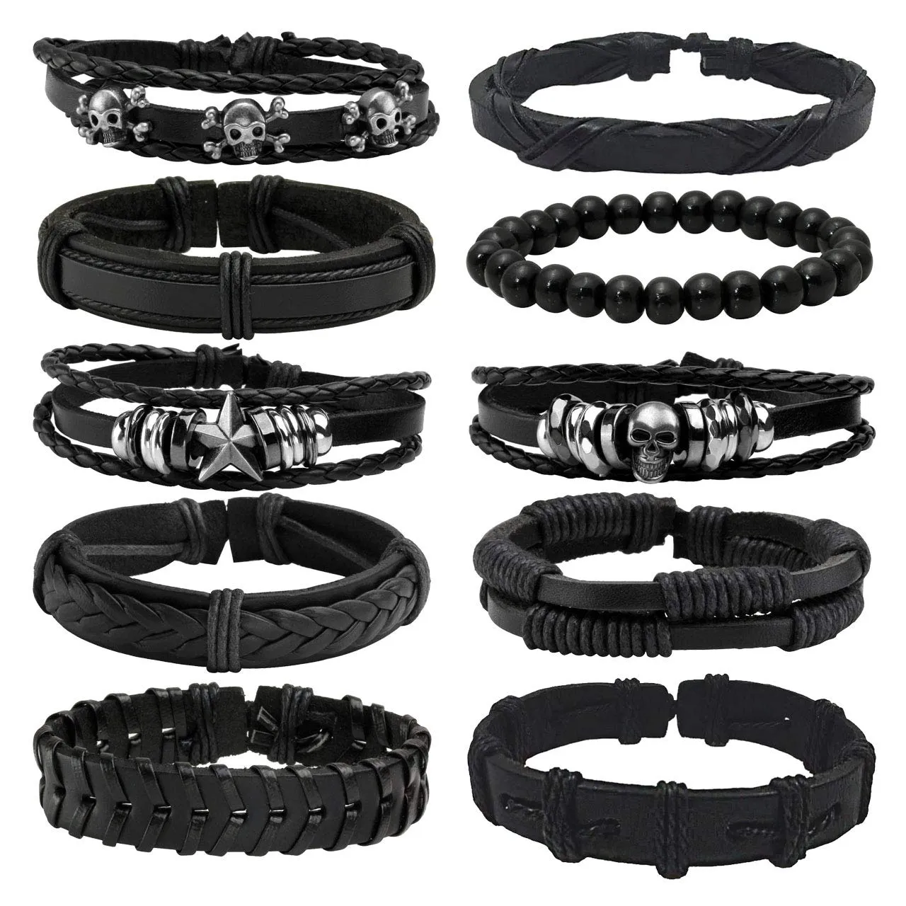 Manfnee 10Pcs Bracciale Corda Pelle PU Intrecciata Punk Gotico Vintage Uomo Donna Regolabile - immagine 1