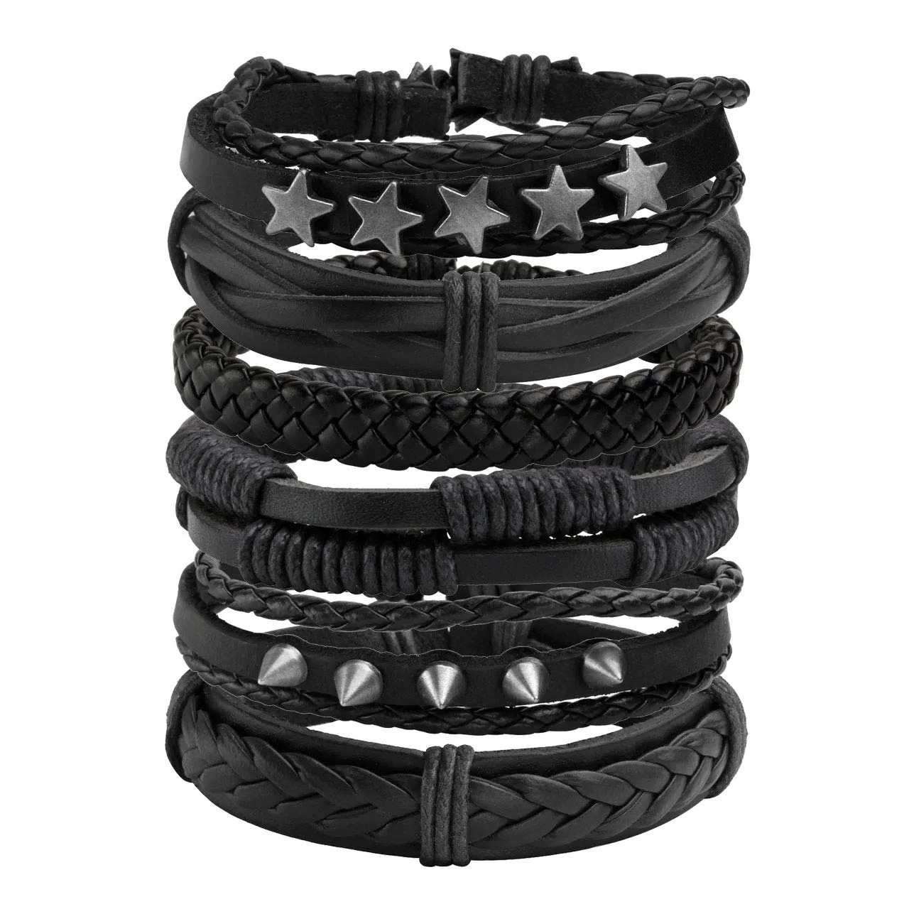 Manfnee 6Pcs Bracciali Intrecciati in Pelle PU Punk Vintage Gotico Unisex Nero Regolabile - immagine 1