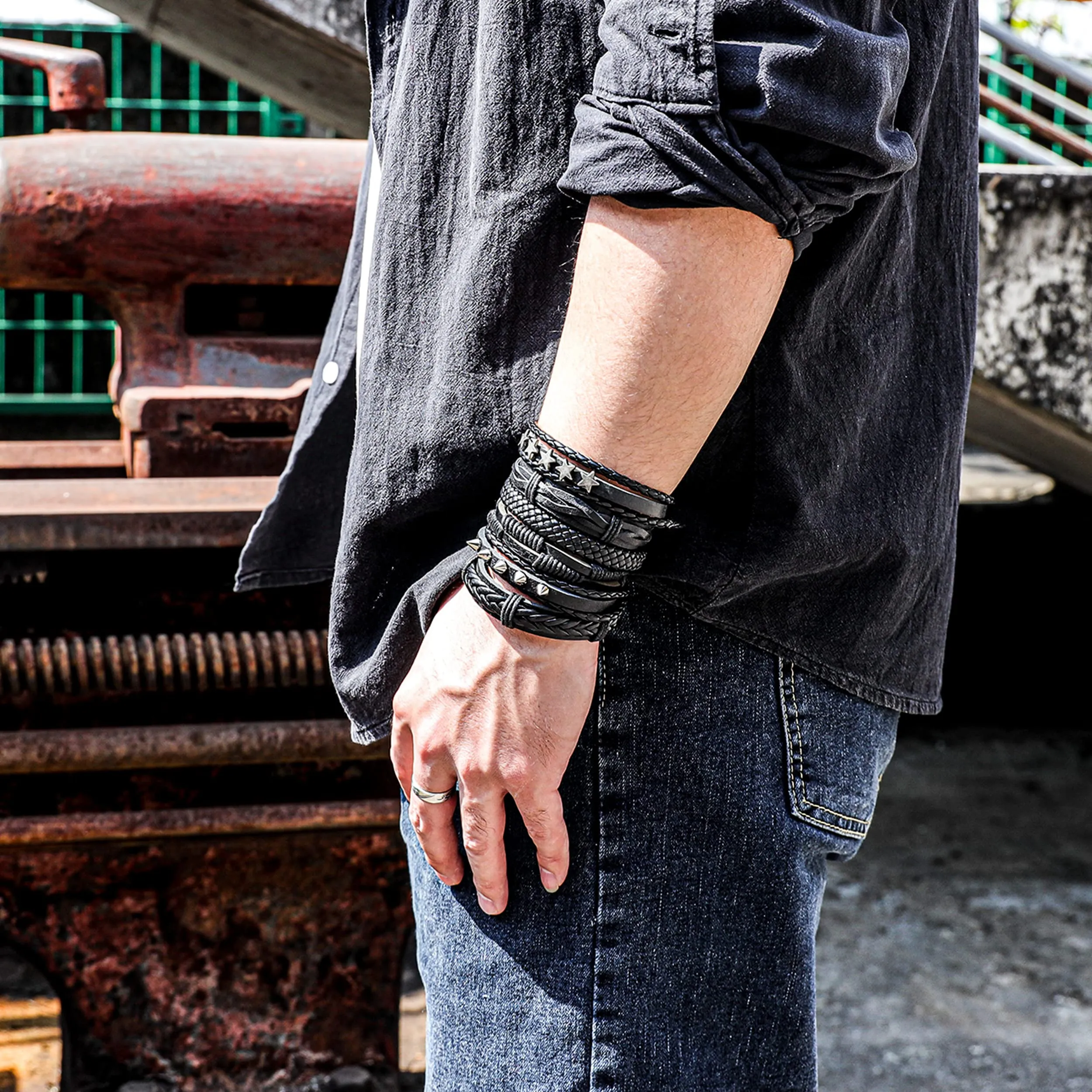 Manfnee 6Pcs Bracciali Intrecciati in Pelle PU Punk Vintage Gotico Unisex Nero Regolabile - immagine 5