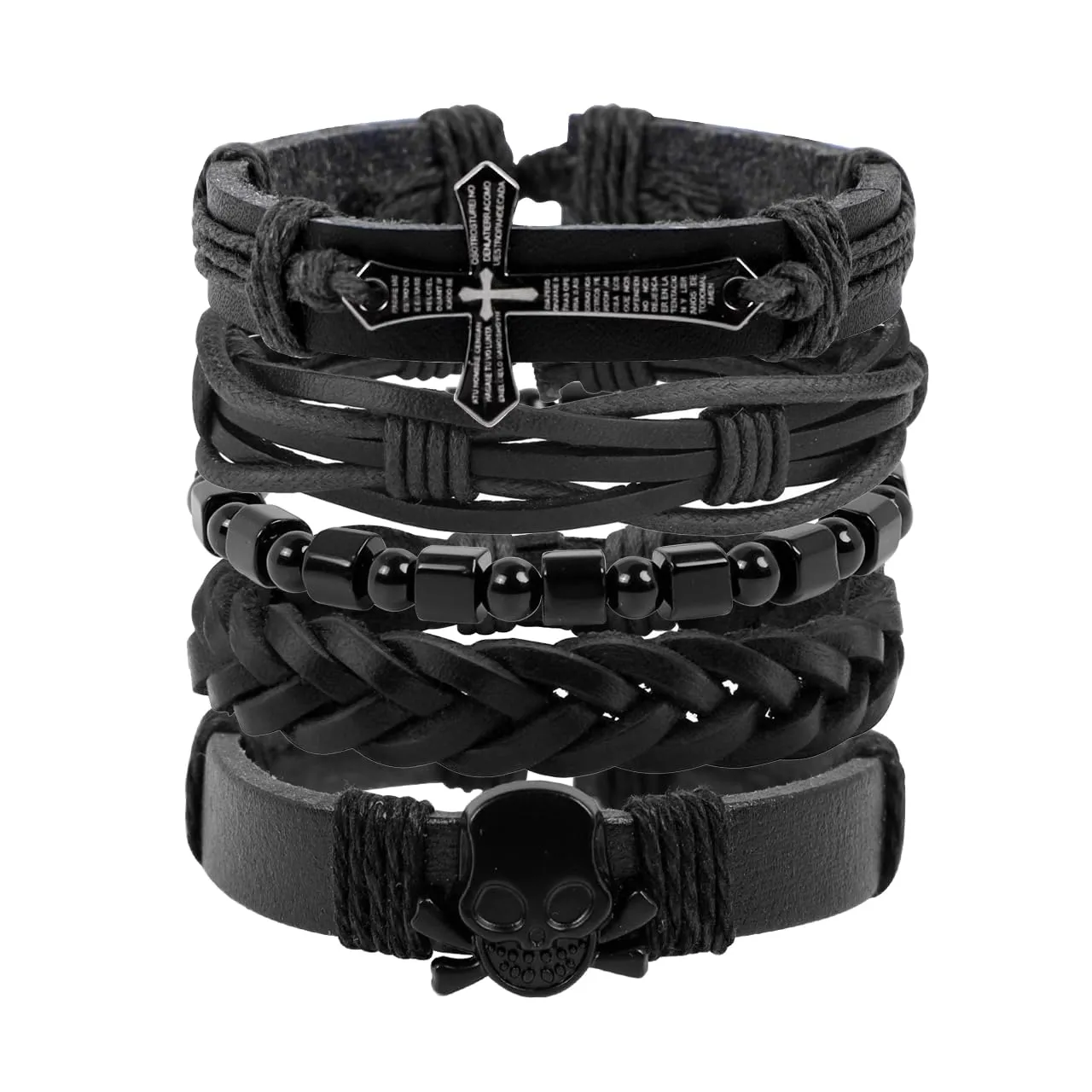 Manfnee Set di 5 Bracciali in Pelle PU e Corda Punk Rock Croce e Teschio per Uomo e Donna - immagine 1
