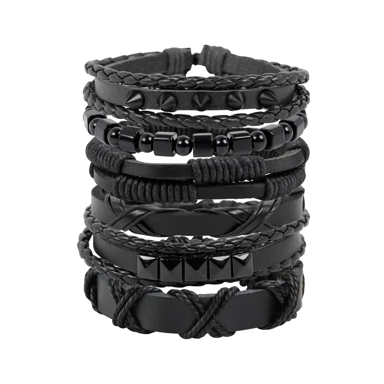 Manfnee Punk Rock Bracciali Corda Intrecciata con Rivetto e Perlina, Nero, Set da 6 Pezzi - immagine 1