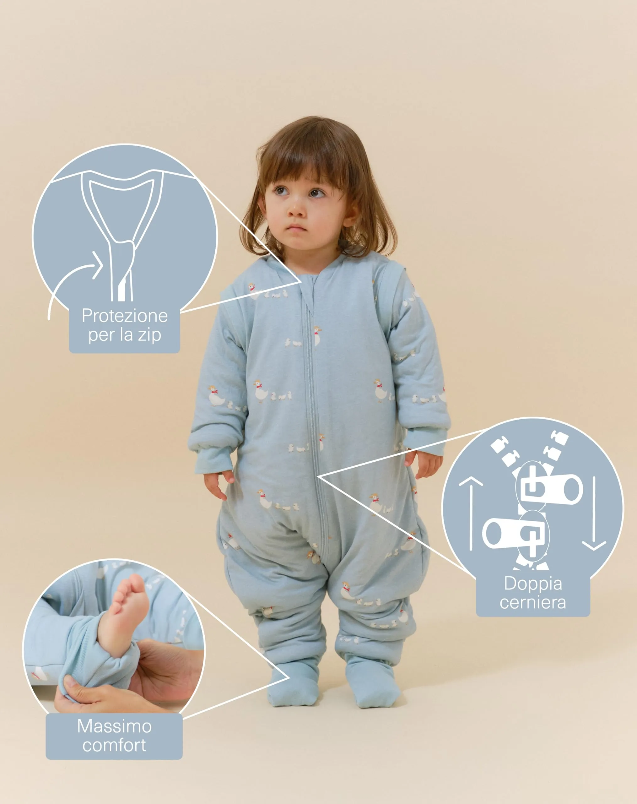 molis & co Sacco Nanna con piedini, maniche staccabili e calzini, 2.5 TOG, 100% Cotone Oeko-Tex 100, Duck Family, 6 anni - immagine 3