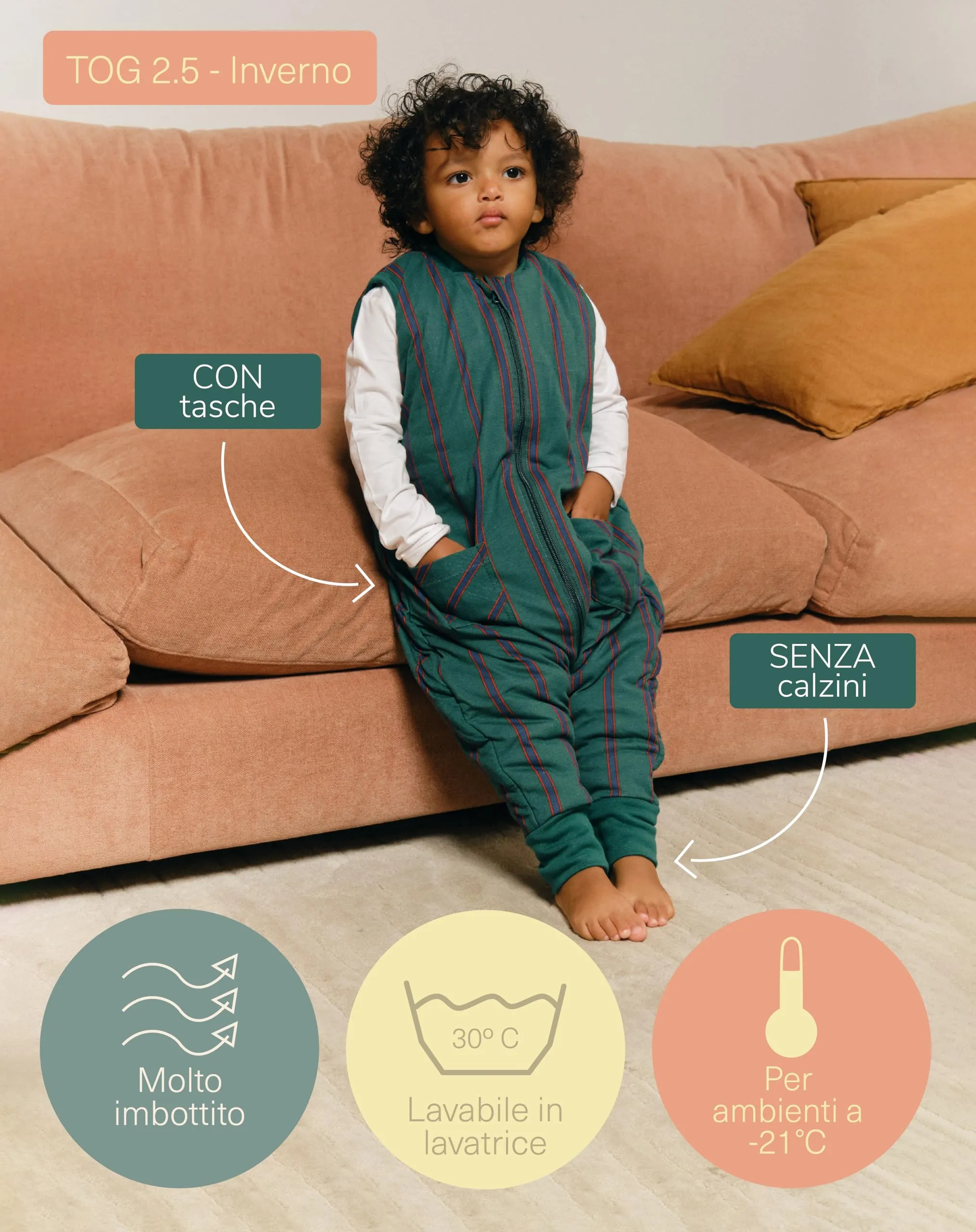 molis & co Sacco Nanna con Piedini Invernale 2.5 TOG, 100% Cotone Oeko-Tex 100, Forest Stripes, 4 Anni - immagine 4