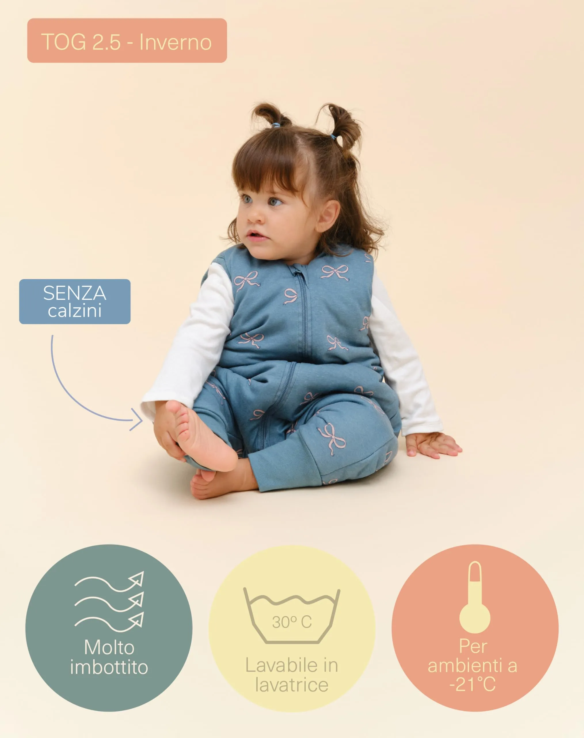 molis & co Sacco Nanna con Piedini Invernale 2.5 TOG, 100% Cotone Oeko-Tex 100, Bows, 1 Anno - immagine 4