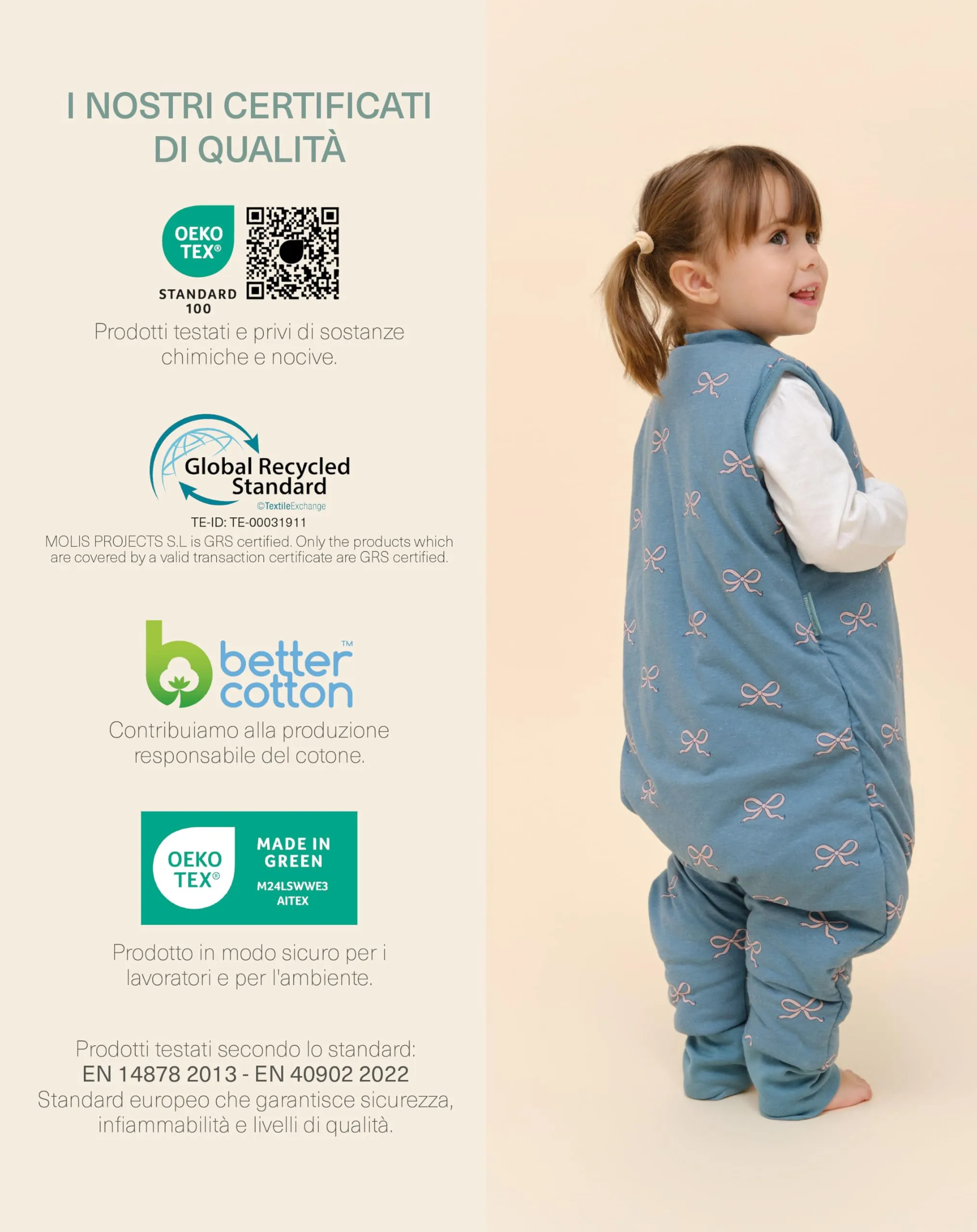 molis & co Sacco Nanna con Piedini Invernale 2.5 TOG, 100% Cotone Oeko-Tex 100, Bows, 1 Anno - immagine 6