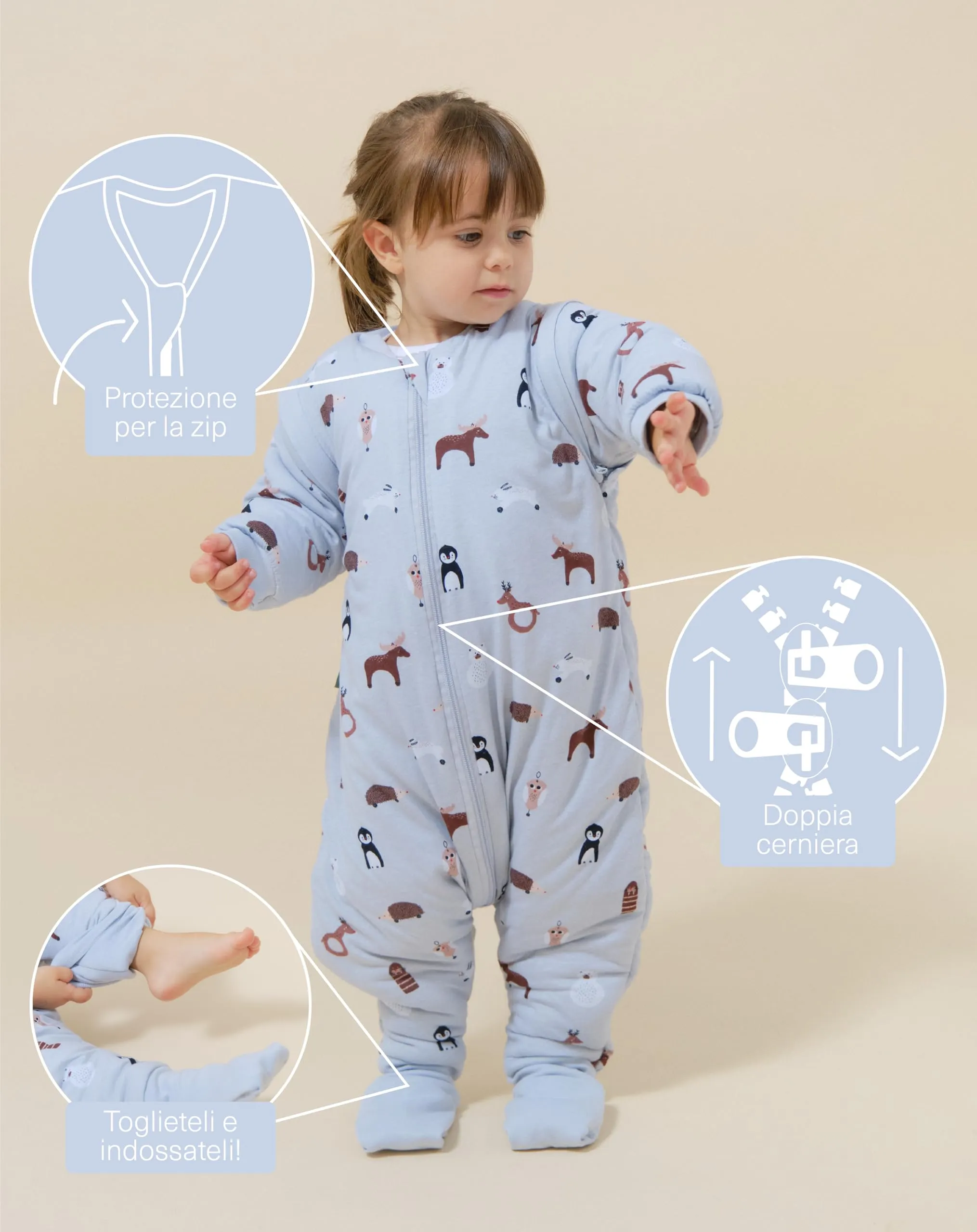 molis & co Sacco Nanna con piedini, maniche staccabili e calzini, 2.5 TOG, 100% Cotone Oeko-TEX 100, Winter Animals, 6 mesi - immagine 3