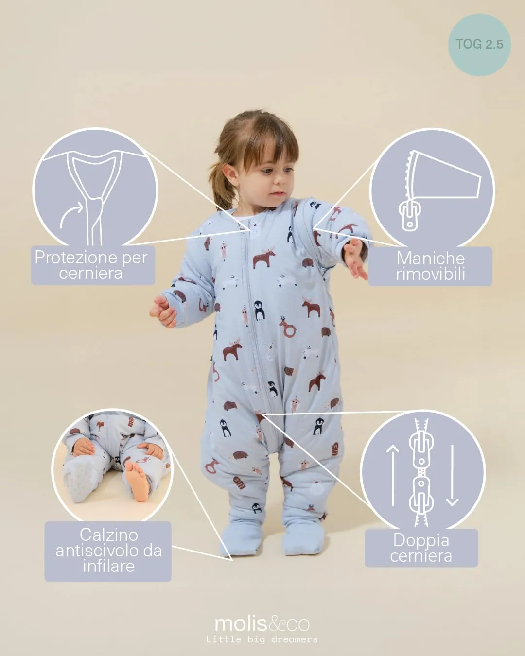 molis & co Sacco Nanna con piedini, maniche staccabili e calzini, 2.5 TOG, 100% Cotone Oeko-TEX 100, Winter Animals, 6 anni - immagine 3
