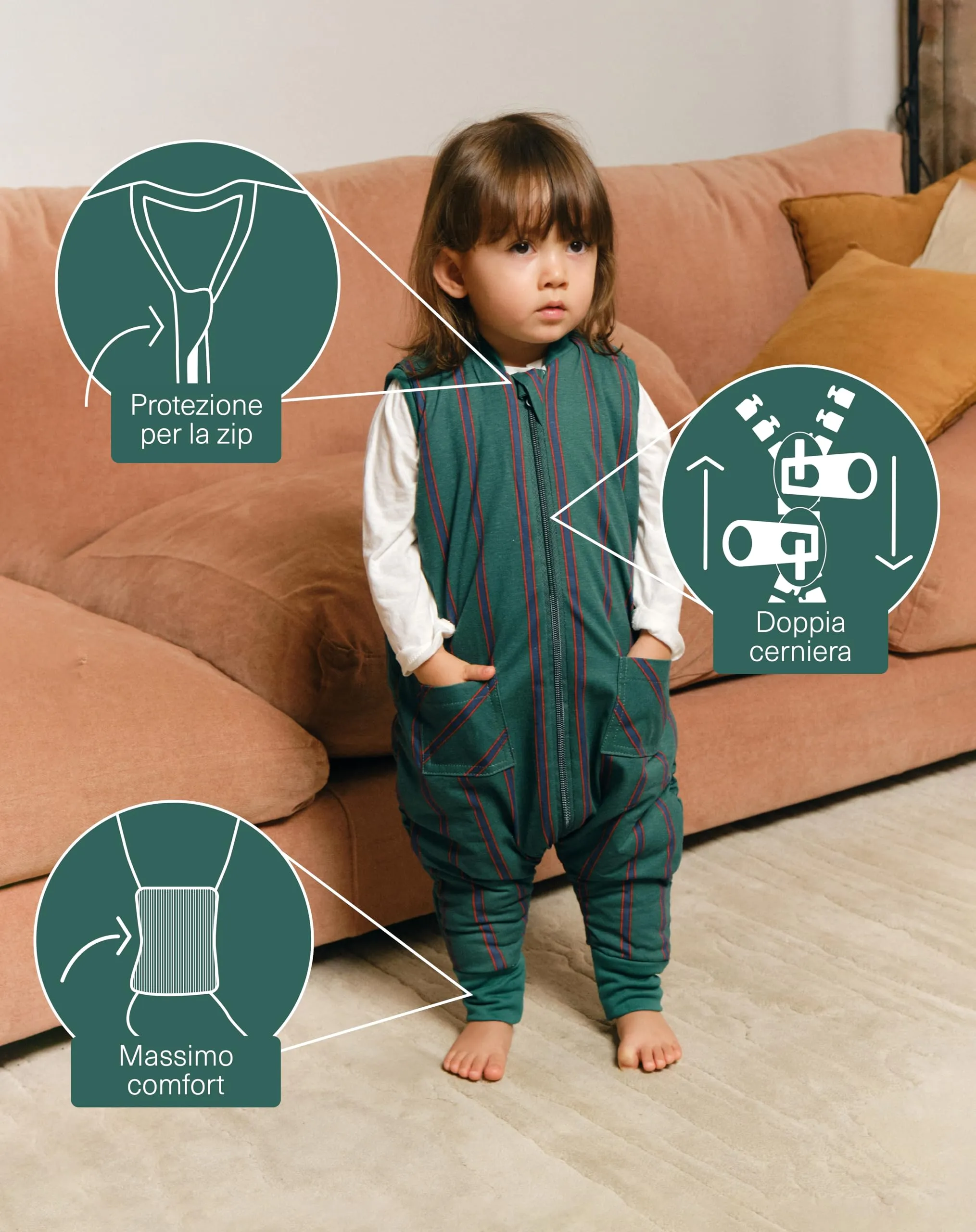molis&co Sacco Nanna con Piedini Invernale 2.5 tog, 100% Cotone Oeko-Tex 100, Forest Stripes, 3 Anni - immagine 3