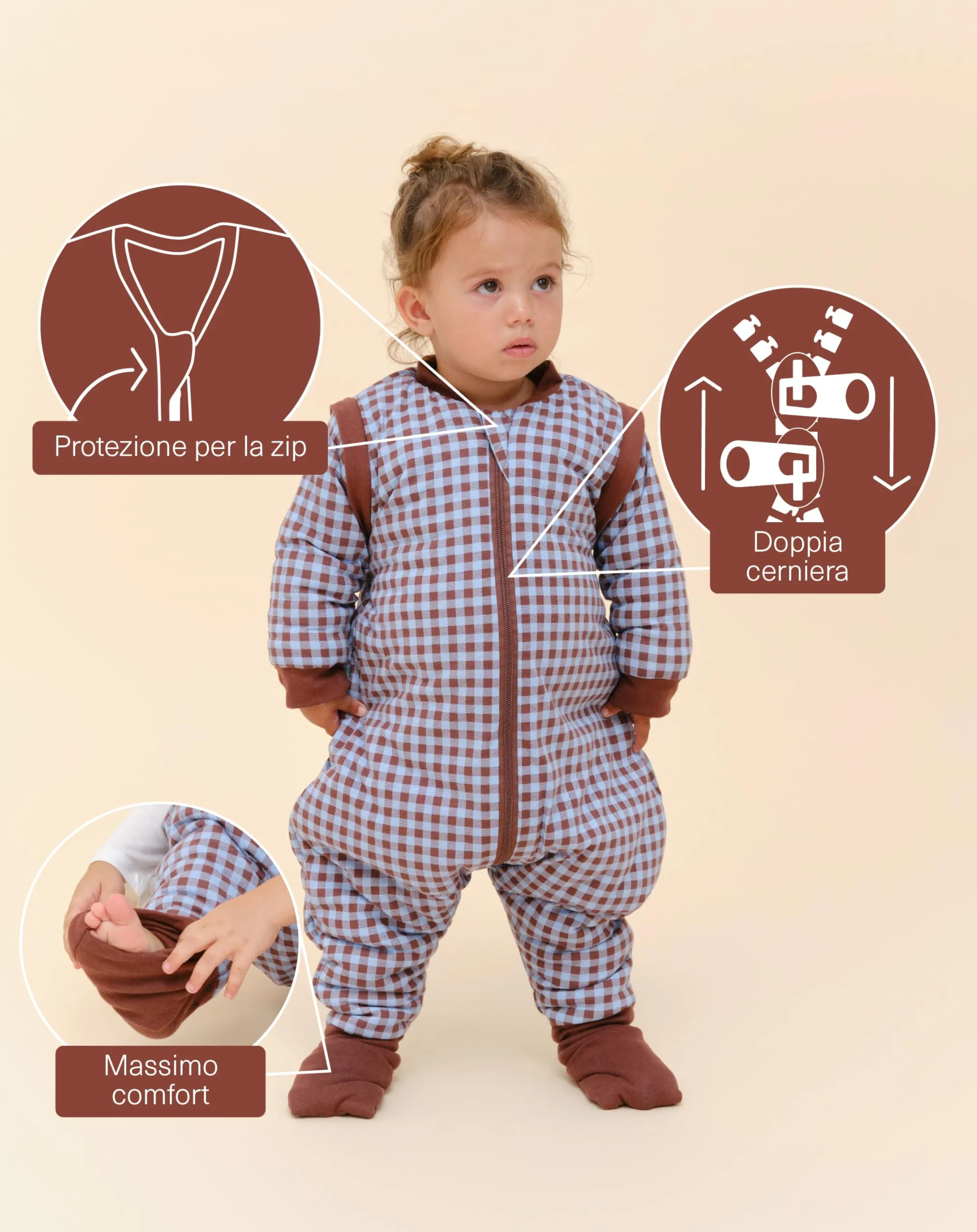 molis & co Sacco Nanna con piedini, maniche staccabili e calzini, 2.5 tog, 100% Cotone Oeko-TEX 100, Vichy Brown & Blue, 6 anni - immagine 3