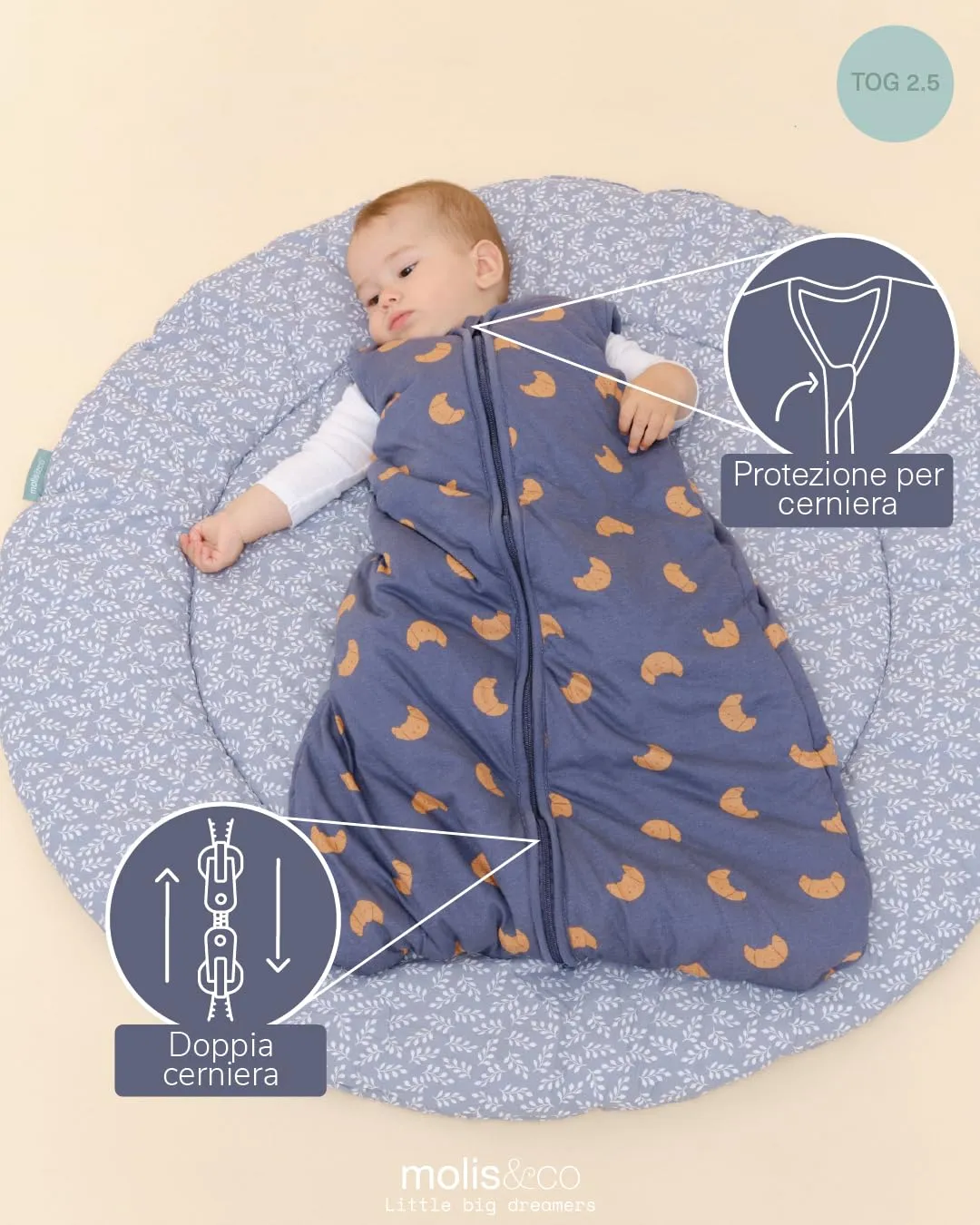 molis & co Sacco Nanna Invernale per Neonati e Bambini 2.5 TOG, 100% Cotone Oeko-TEX 100, Croissants (6-18 mesi) - immagine 3