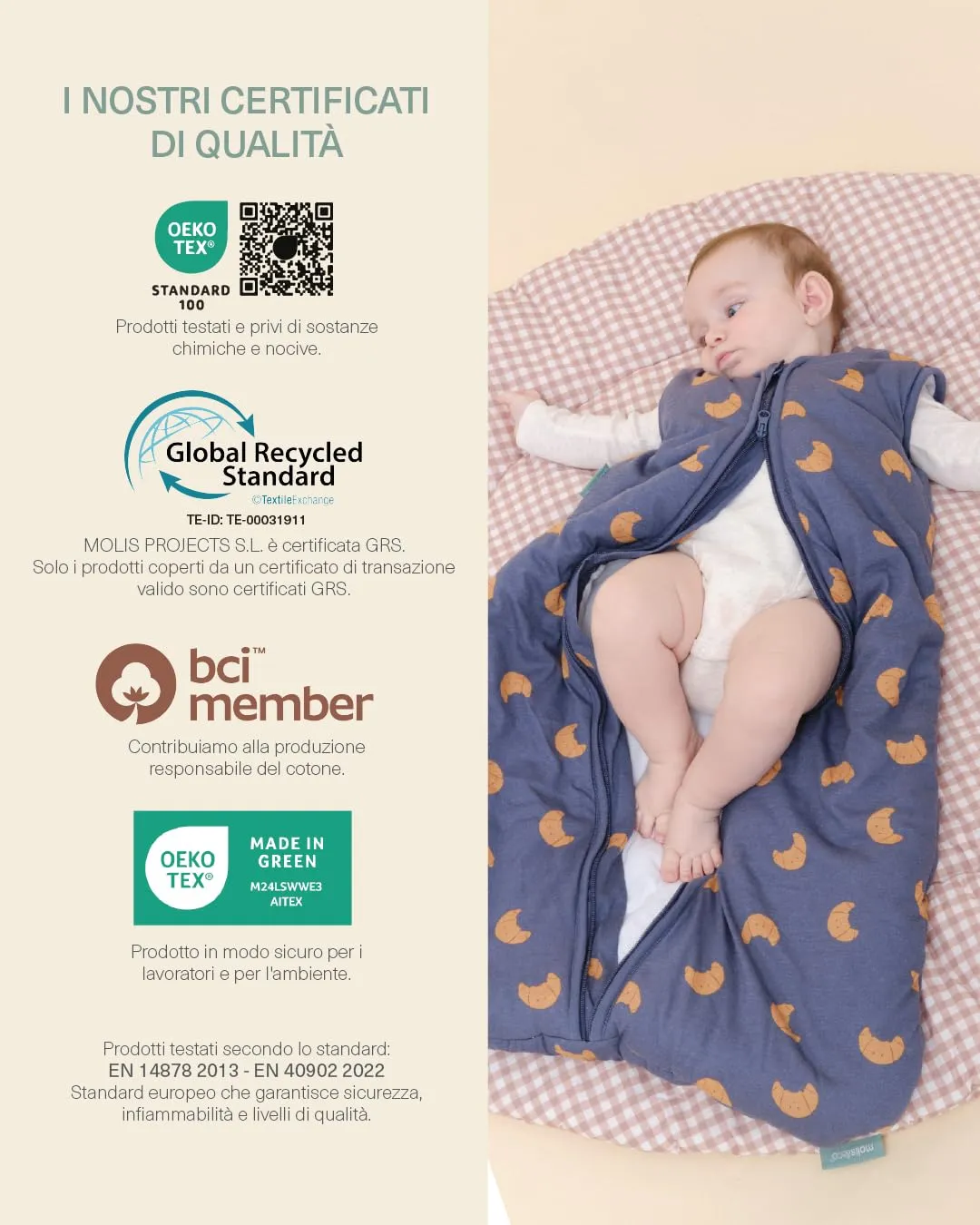molis & co Sacco Nanna Invernale per Neonati e Bambini 2.5 TOG, 100% Cotone Oeko-TEX 100, Croissants (6-18 mesi) - immagine 7