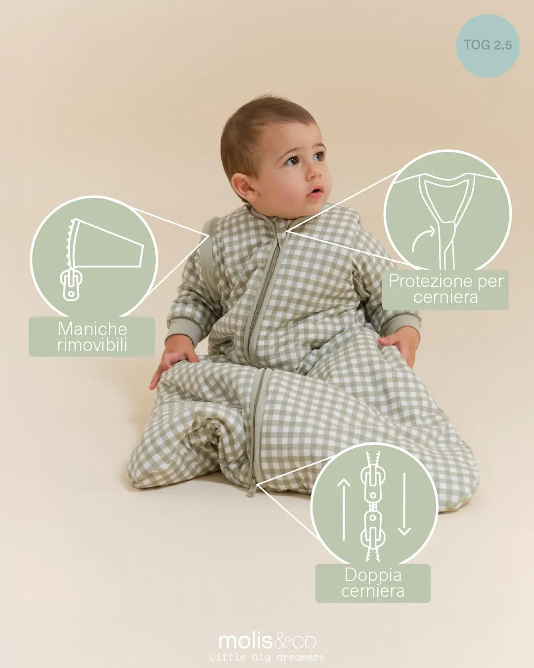 molis & co Sacco Nanna con Maniche Staccabili 2.5 TOG, 100% Cotone Oeko-TEX 100, Mint Tea, 12-18 mesi - immagine 3