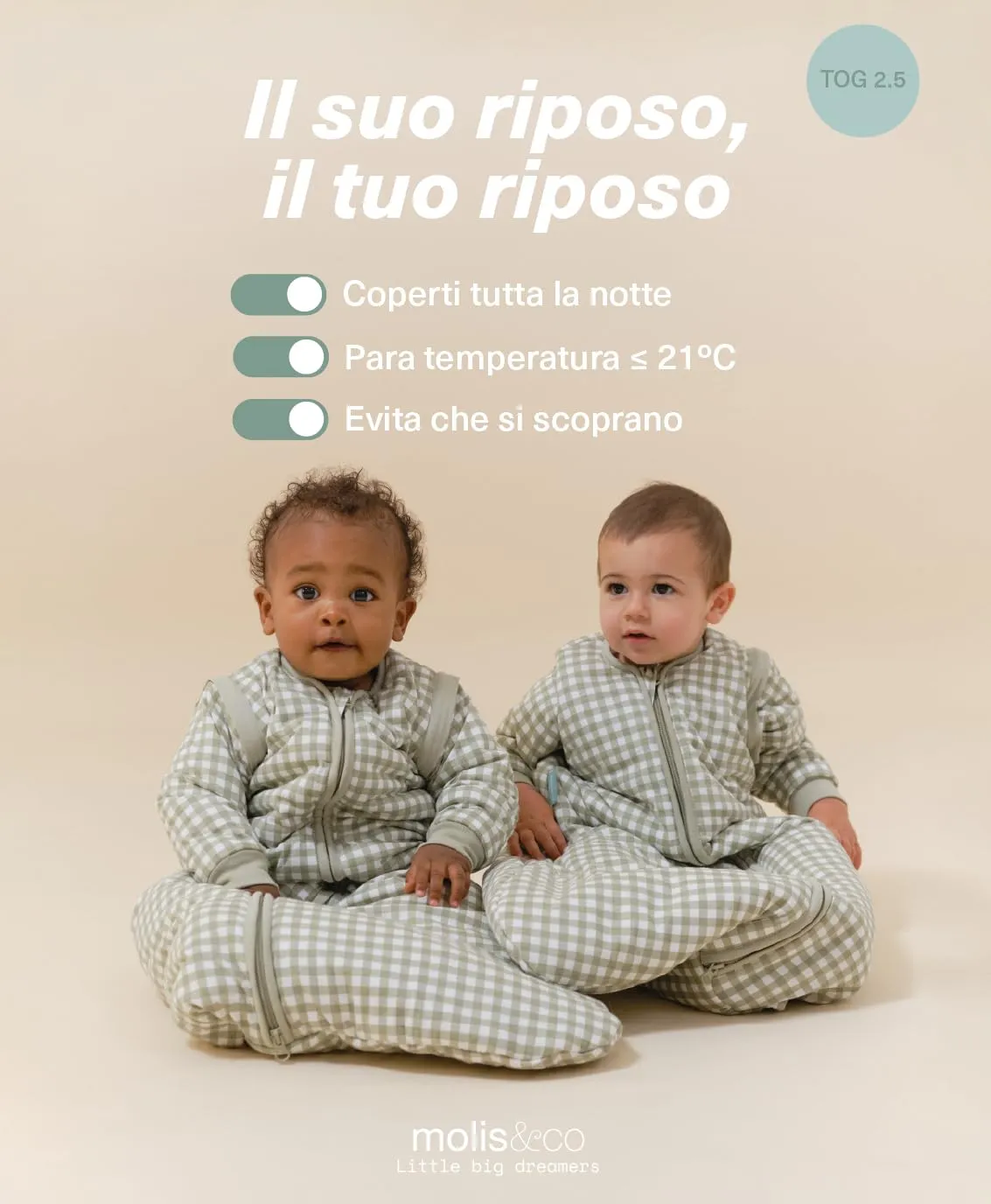 molis & co Sacco Nanna con Maniche Staccabili 2.5 TOG, 100% Cotone Oeko-TEX 100, Mint Tea, 12-18 mesi - immagine 5
