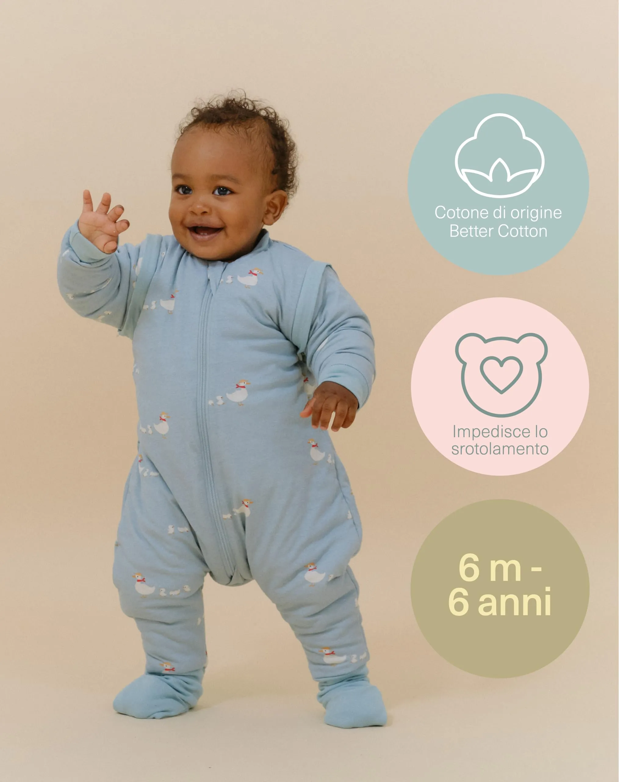 molis & co Sacco Nanna con piedini, maniche staccabili e calzini, 2.5 TOG, 100% Cotone Oeko-TEX 100, Duck Family, 2 anni - immagine 5