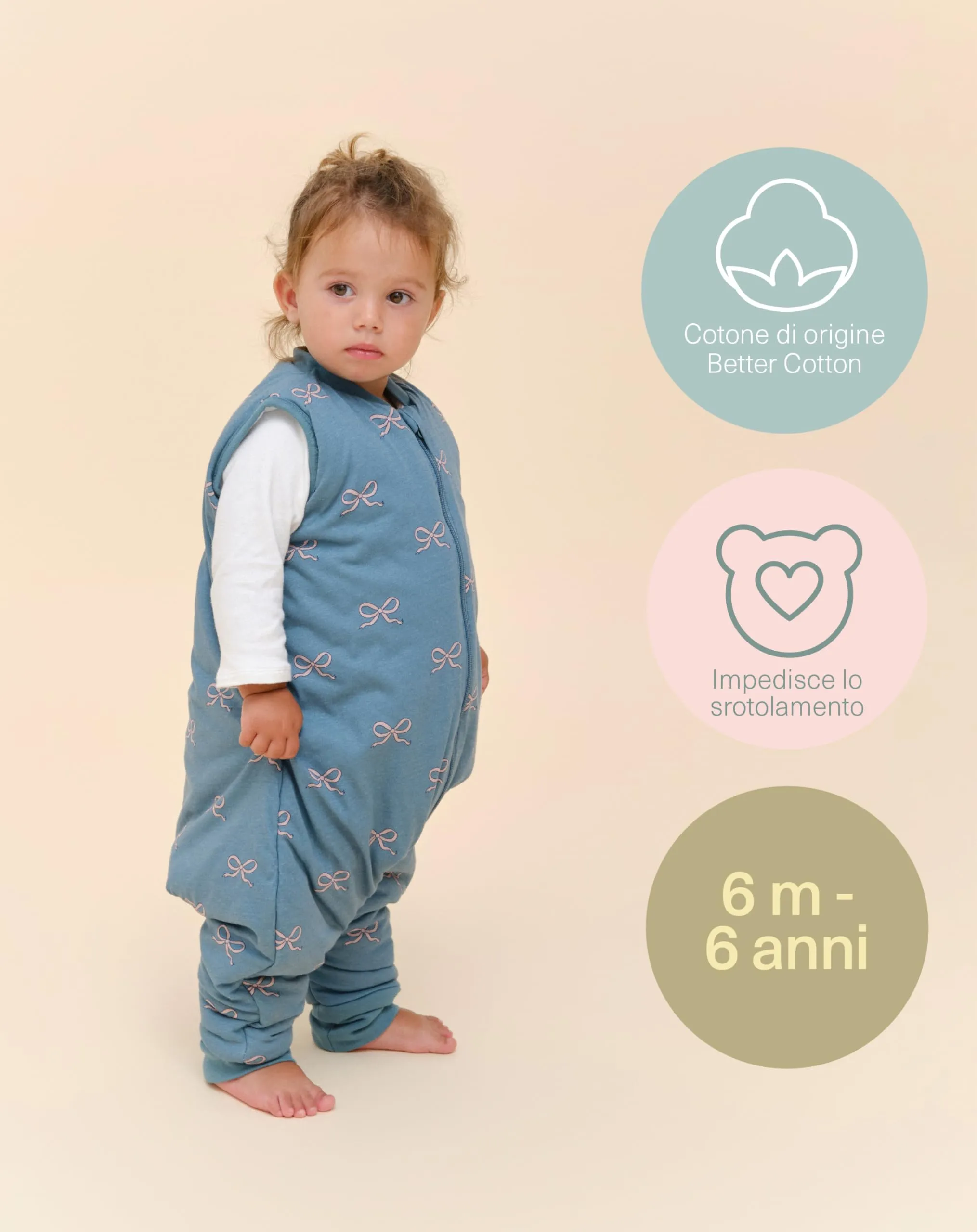 molis & co Sacco Nanna con Piedini Invernale 2.5 tog 100% Cotone Oeko-Tex 100 - Bows (6 Anni) - immagine 5