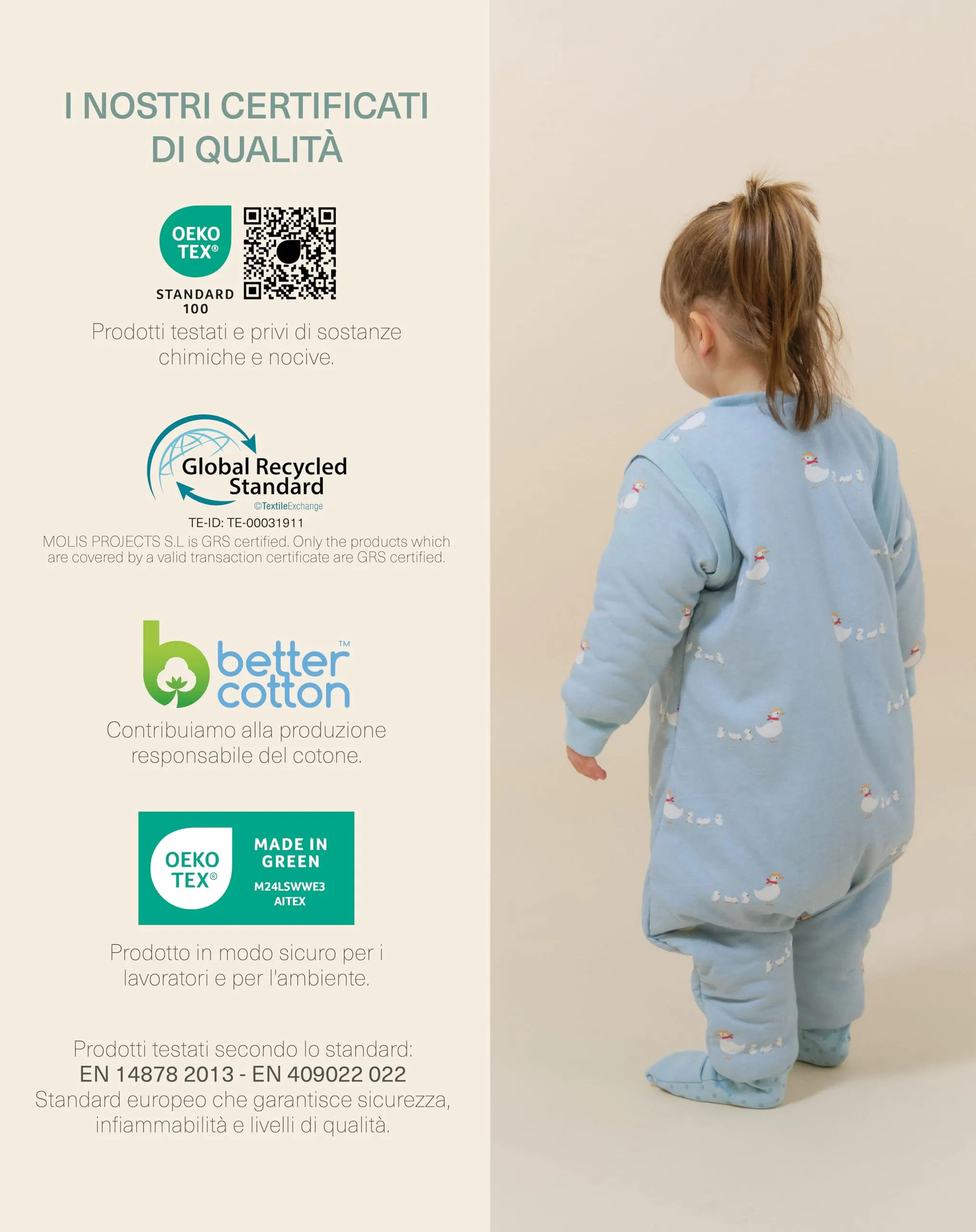 molis & co Sacco Nanna con piedini, maniche staccabili e calzini, 2.5 tog, 100% Cotone Oeko-TEX 100, Duck Family, 1 anno - immagine 6