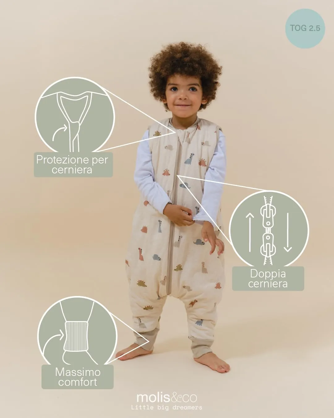 molis & co Sacco Nanna con Piedini Invernale 2.5 TOG, 100% Cotone Oeko-Tex 100, Dinos (6 Anni) - immagine 4
