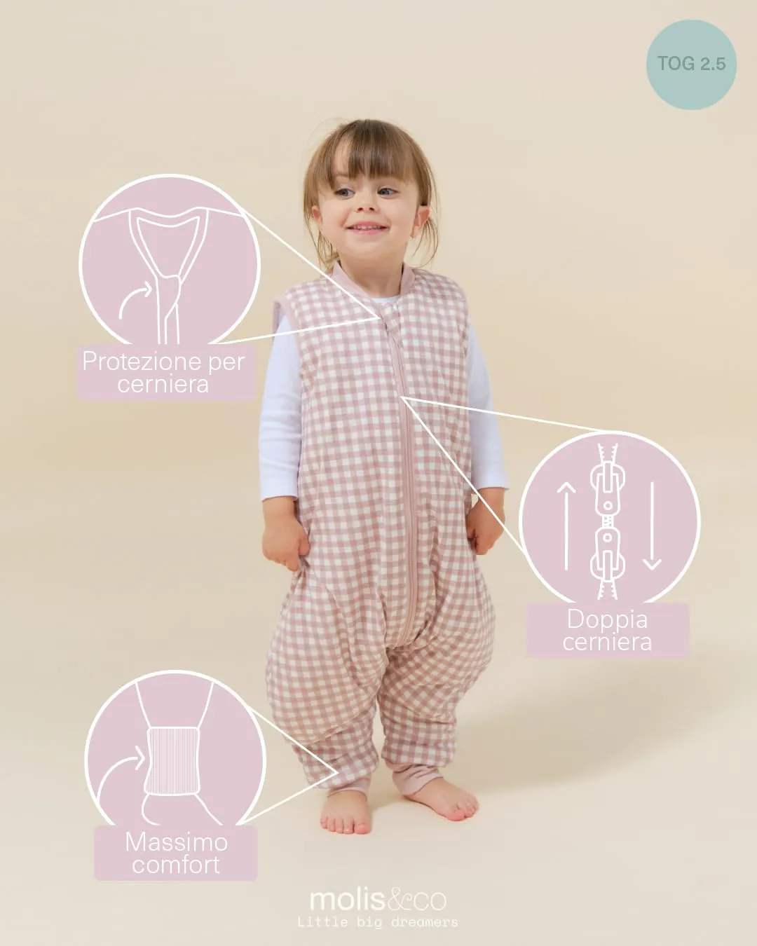 molis&co Sacco Nanna con Piedini Invernale 2.5 tog, 100% Cotone Oeko-Tex 100, Dusty Rose, 4 Anni - immagine 4