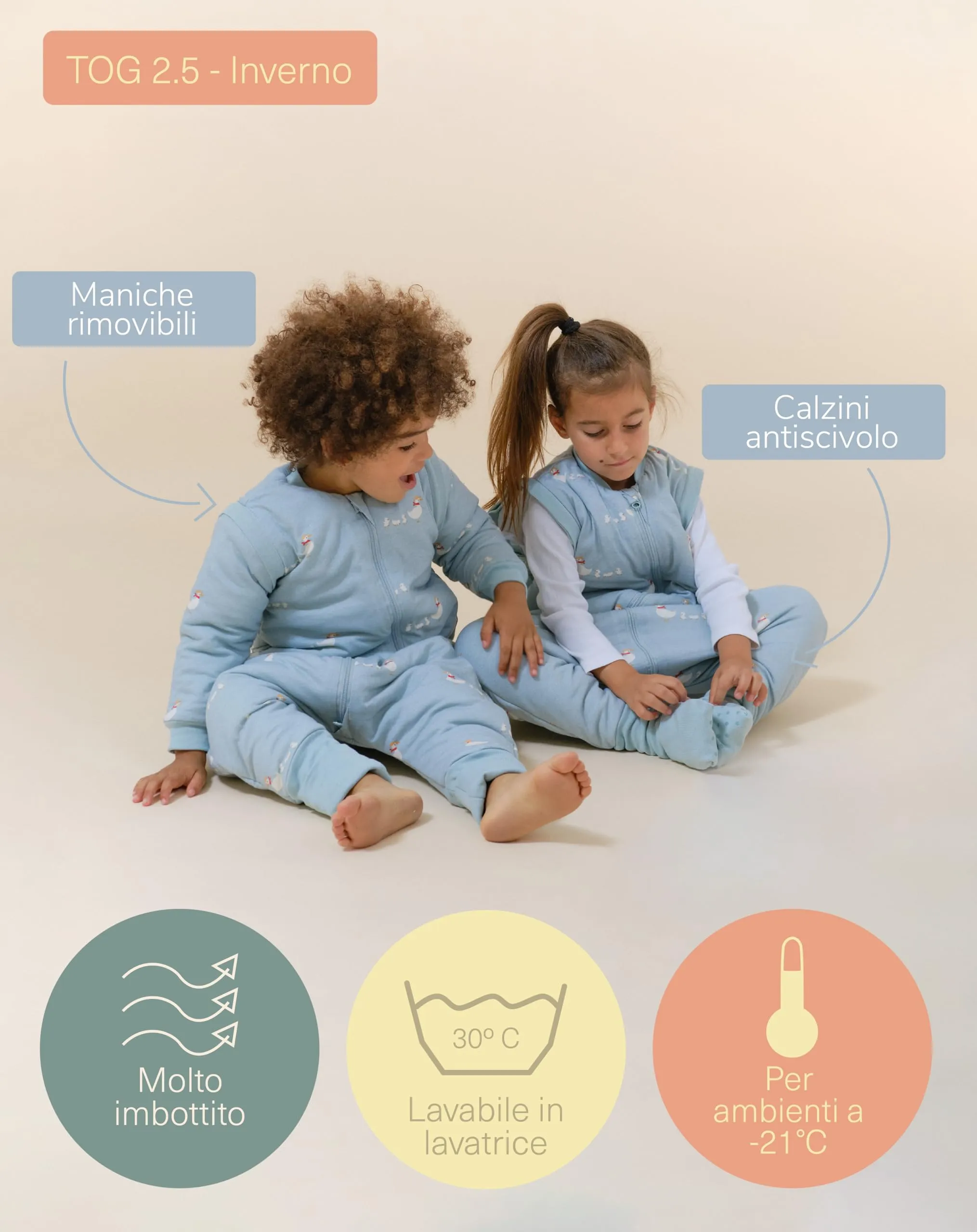 molis & co Sacco Nanna con piedini, maniche staccabili e calzini, 2.5 tog, 100% Cotone Oeko-TEX 100, Duck Family, 6 mesi - immagine 4