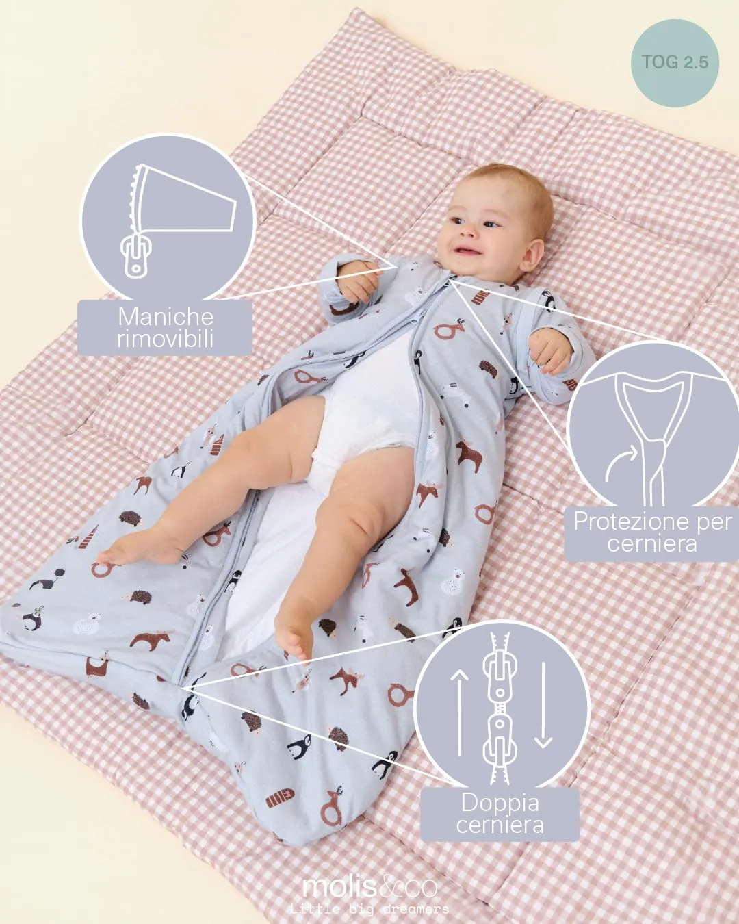 molis & co Sacco nanna maniche staccabili 2.5 tog 100% Cotone Oeko-TEX 100 Winter Animals 0-6 mesi - immagine 3