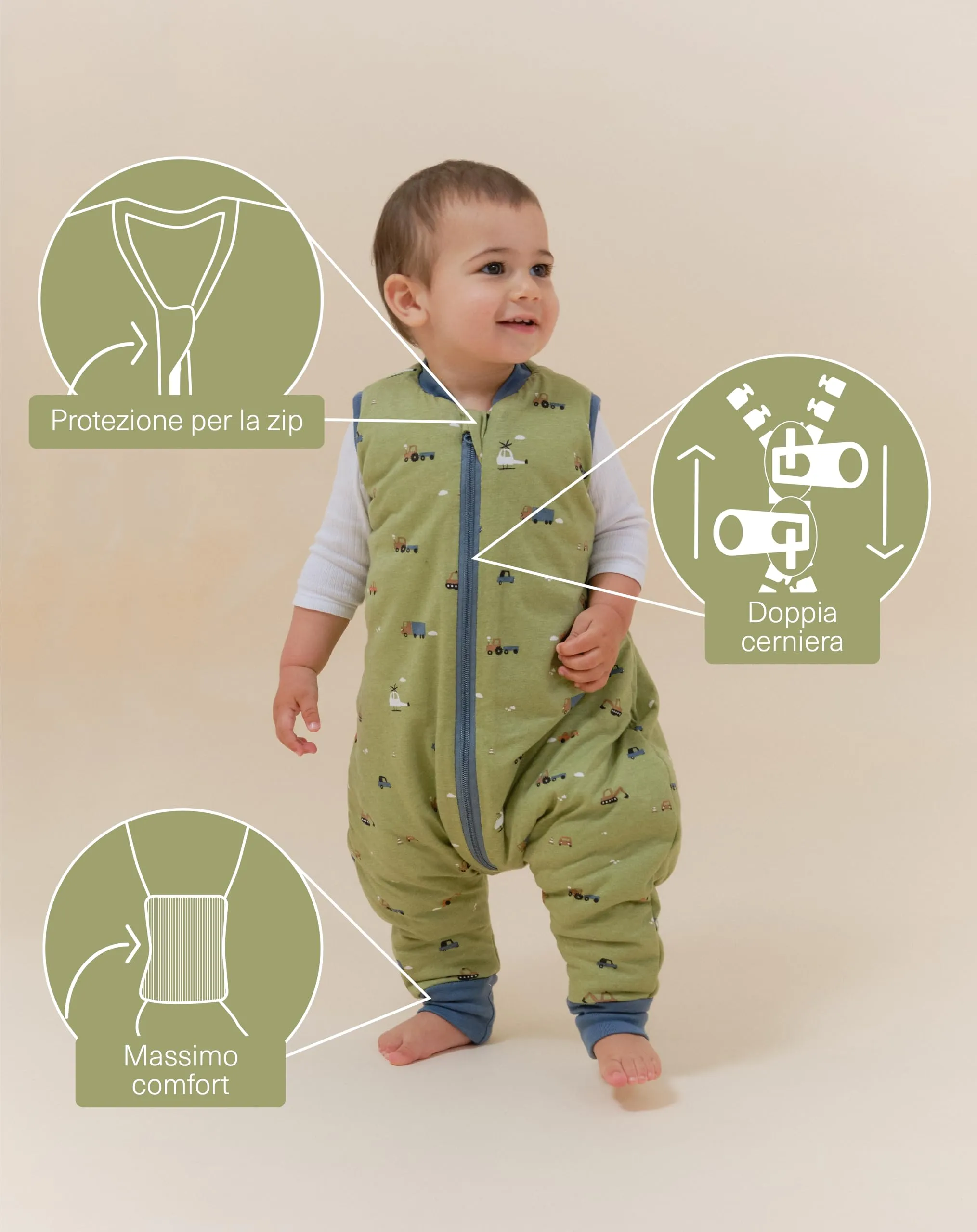 molis & co Sacco Nanna con Piedini Invernale 2.5 TOG 100% Cotone Oeko-Tex 100, Little Drivers, 3 Anni - immagine 2