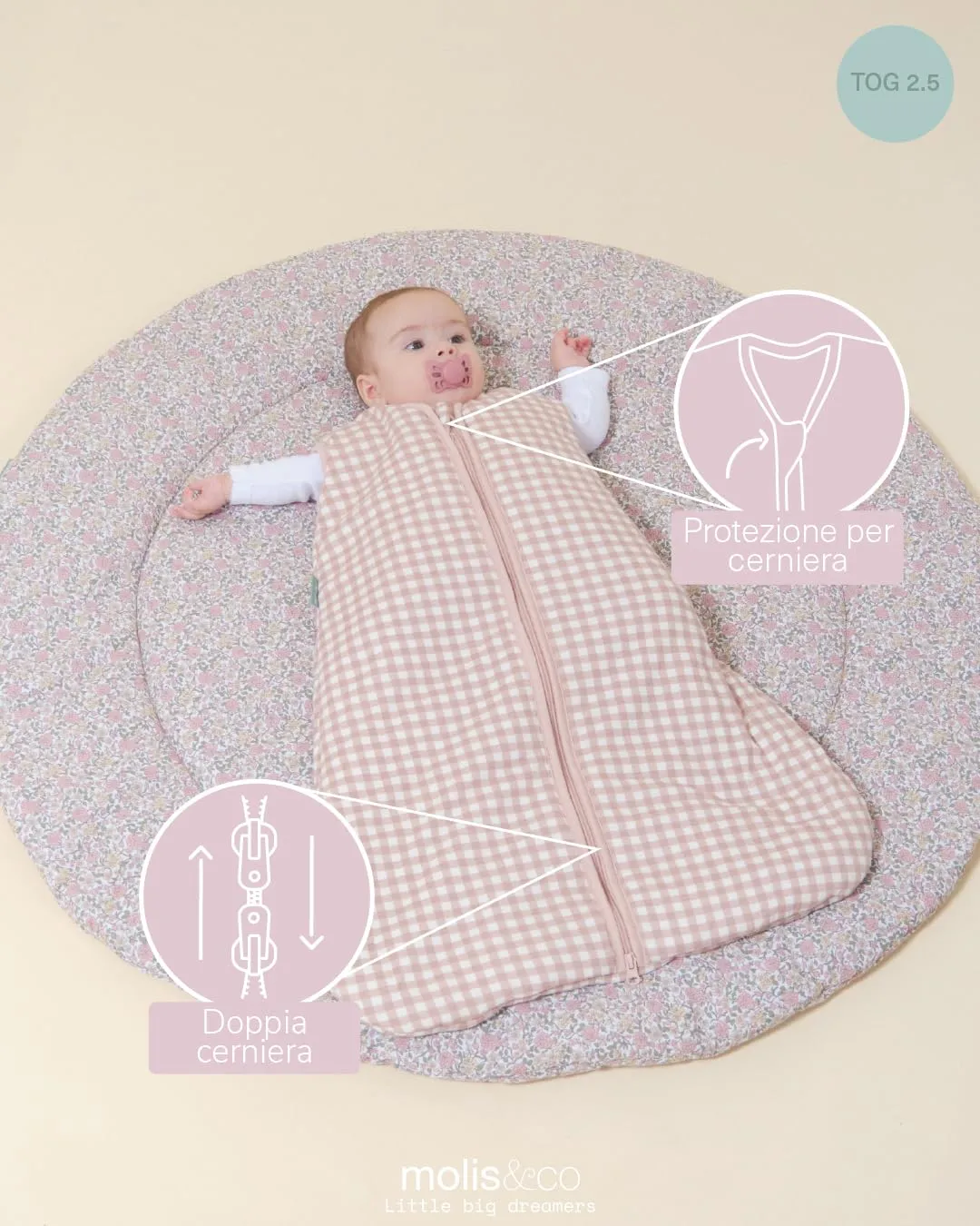 molis & co Sacco Nanna Invernale per Neonati e Bambini, 2.5 TOG, 100% Cotone Oeko-TEX 100, Dusty Rose, 0 mesi - immagine 3