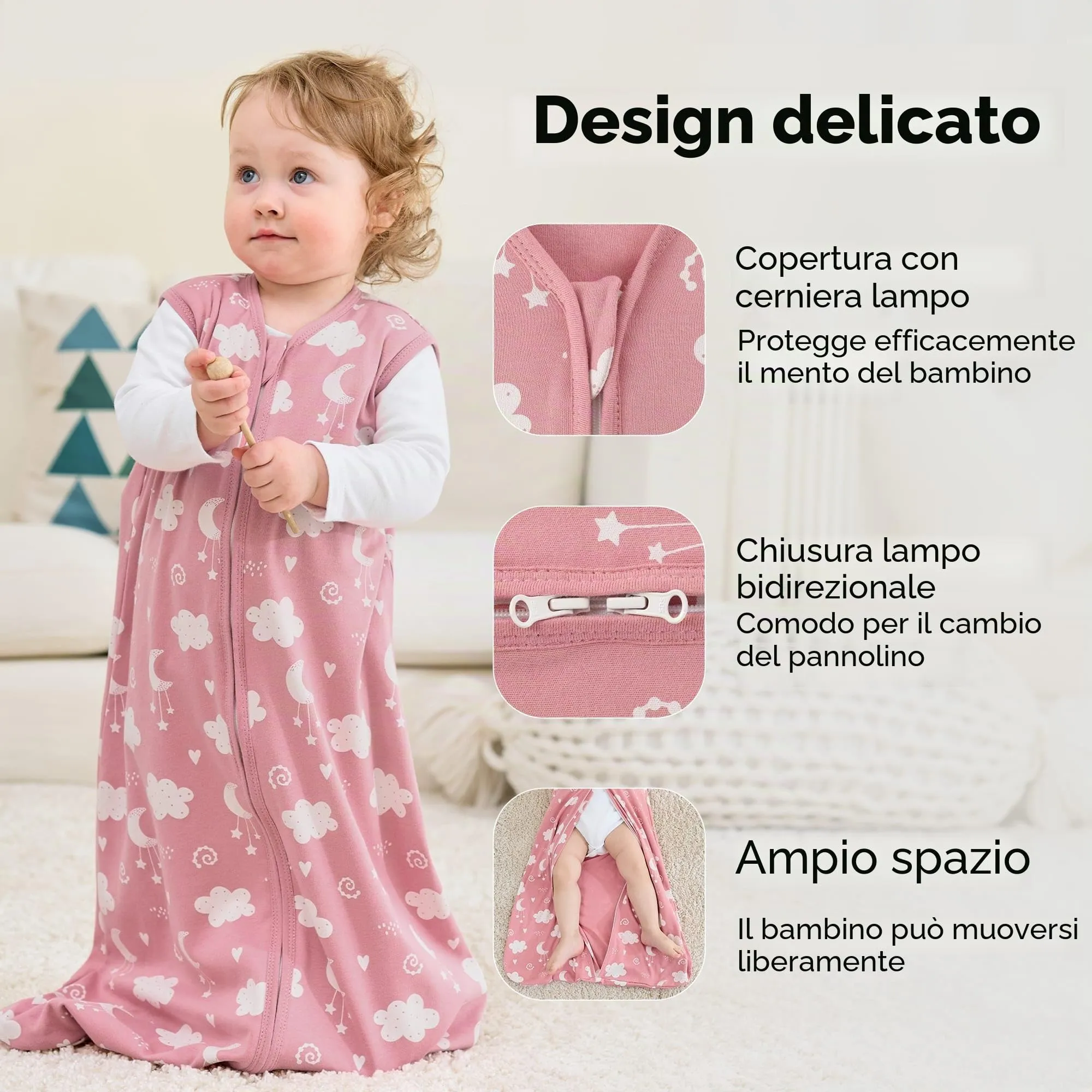 FIEMOL Sacco Nanna 12-18 Mesi 0.5 Tog in Cotone, 3 Pack, Stelle Rosa - immagine 2