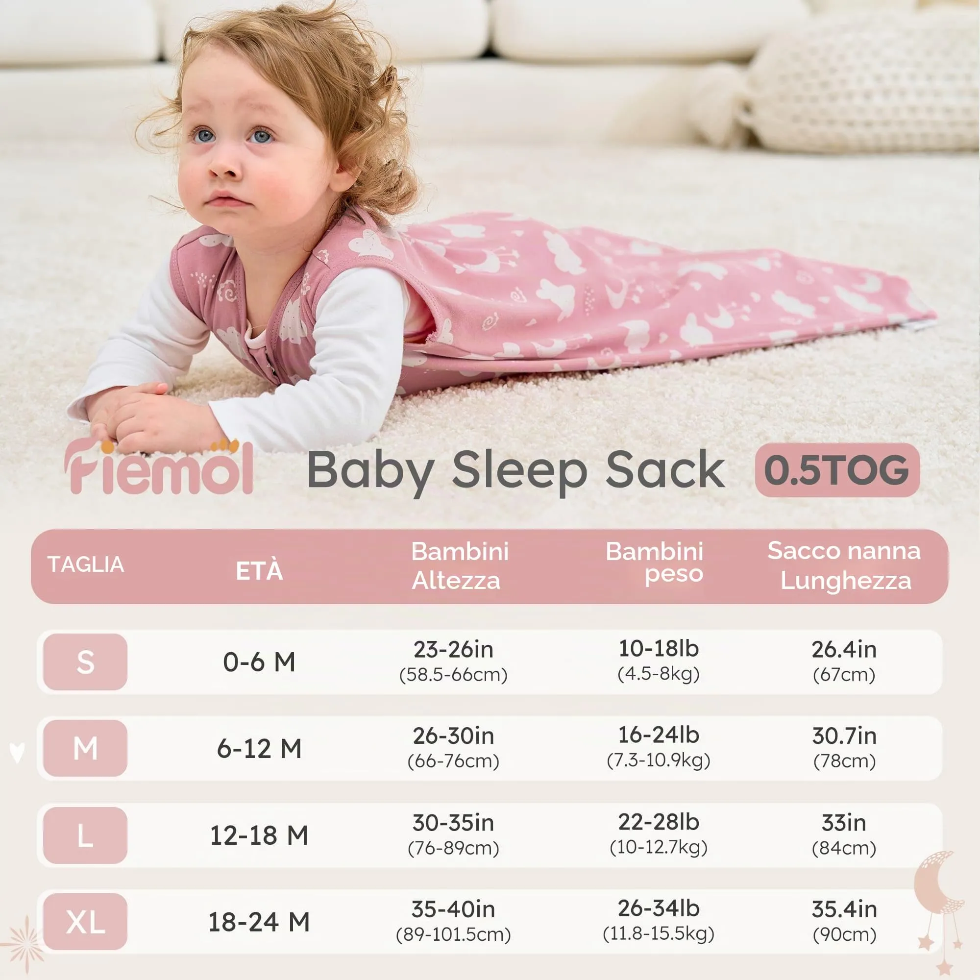 FIEMOL Sacco Nanna 12-18 Mesi 0.5 Tog in Cotone, 3 Pack, Stelle Rosa - immagine 4