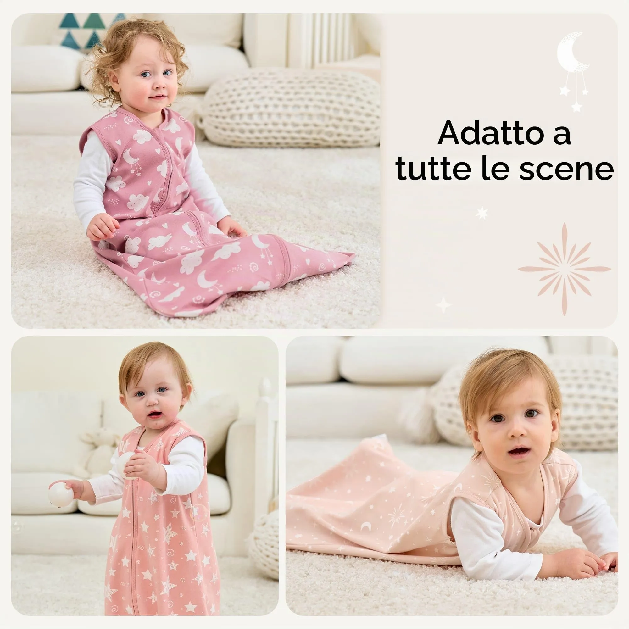 FIEMOL Sacco Nanna 12-18 Mesi 0.5 Tog in Cotone, 3 Pack, Stelle Rosa - immagine 7