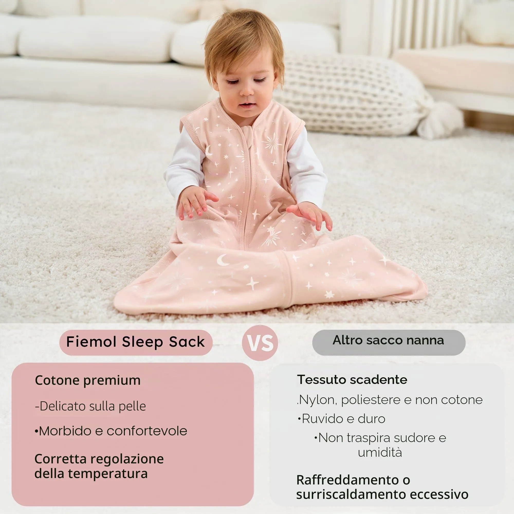 FIEMOL Sacco Nanna 12-18 Mesi 0.5 Tog in Cotone, 3 Pack, Stelle Rosa - immagine 8