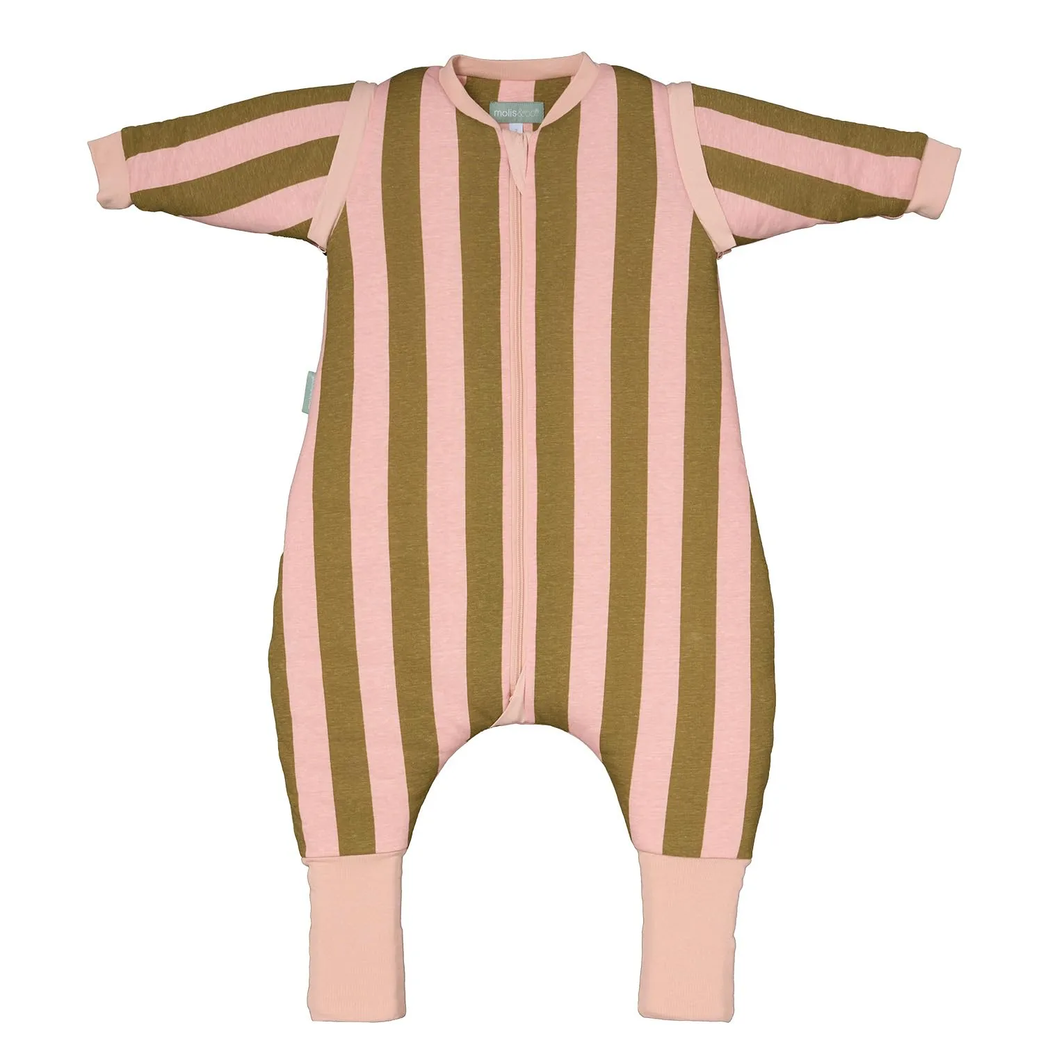 molis&co Sacco Nanna con piedini, maniche staccabili e calzini, 2.5 tog, 100% Cotone Oeko-TEX 100, Khaki & Rose Stripes, 3 anni - immagine 1