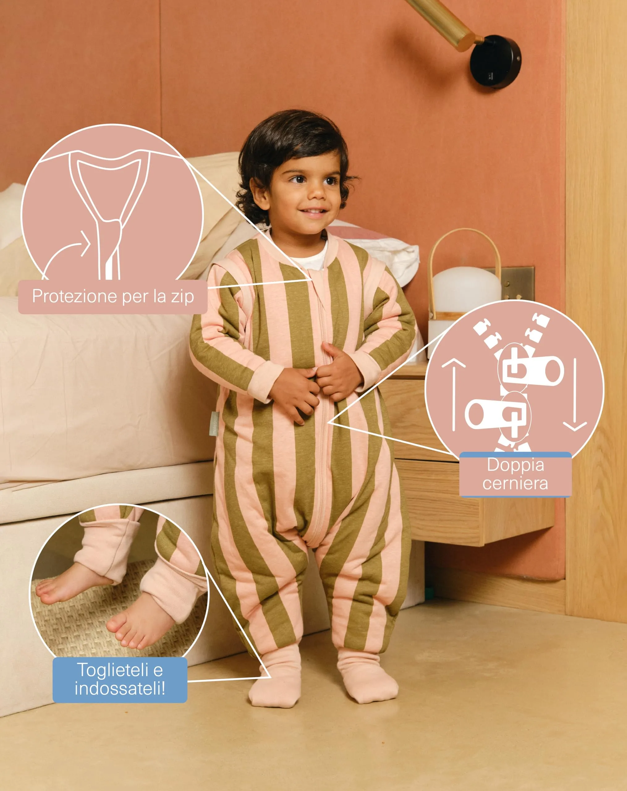 molis&co Sacco Nanna con piedini, maniche staccabili e calzini, 2.5 tog, 100% Cotone Oeko-TEX 100, Khaki & Rose Stripes, 3 anni - immagine 3