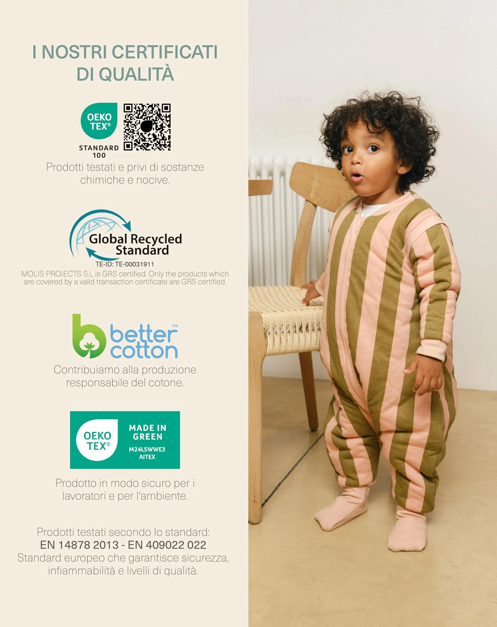 molis&co Sacco Nanna con piedini, maniche staccabili e calzini, 2.5 tog, 100% Cotone Oeko-TEX 100, Khaki & Rose Stripes, 3 anni - immagine 6