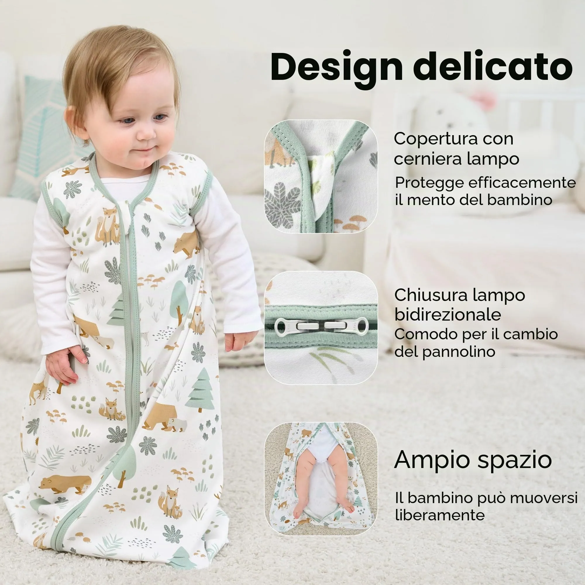 FIEMOL Sacco Nanna in Cotone, 0.5 Tog, 18-24 Mesi (89-101cm), 3 Pack, Orso Verde - immagine 2