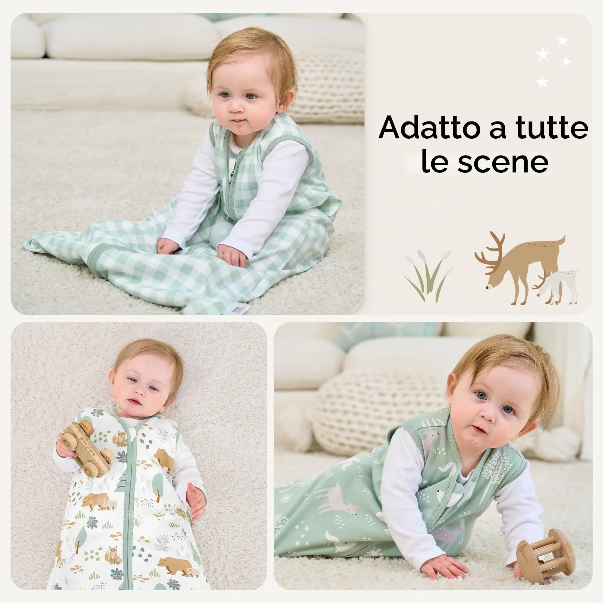 FIEMOL Sacco Nanna in Cotone, 0.5 Tog, 18-24 Mesi (89-101cm), 3 Pack, Orso Verde - immagine 7