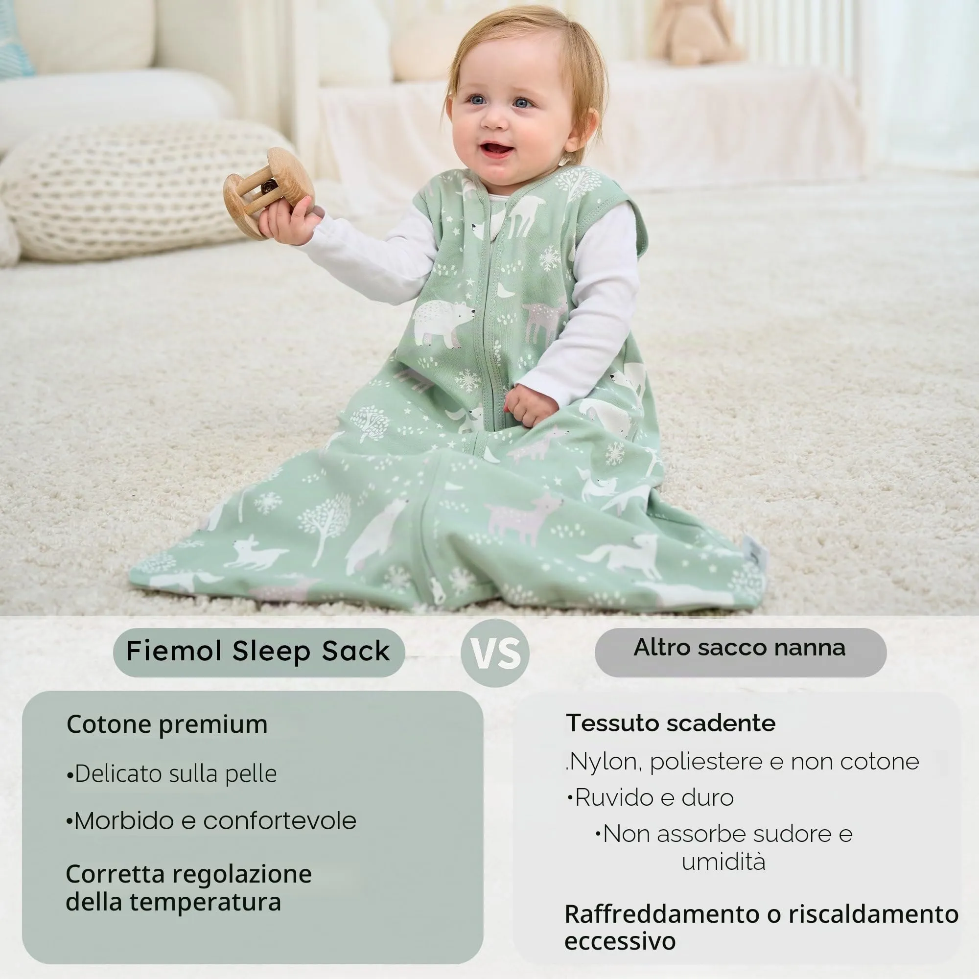 FIEMOL Sacco Nanna in Cotone, 0.5 Tog, 18-24 Mesi (89-101cm), 3 Pack, Orso Verde - immagine 8